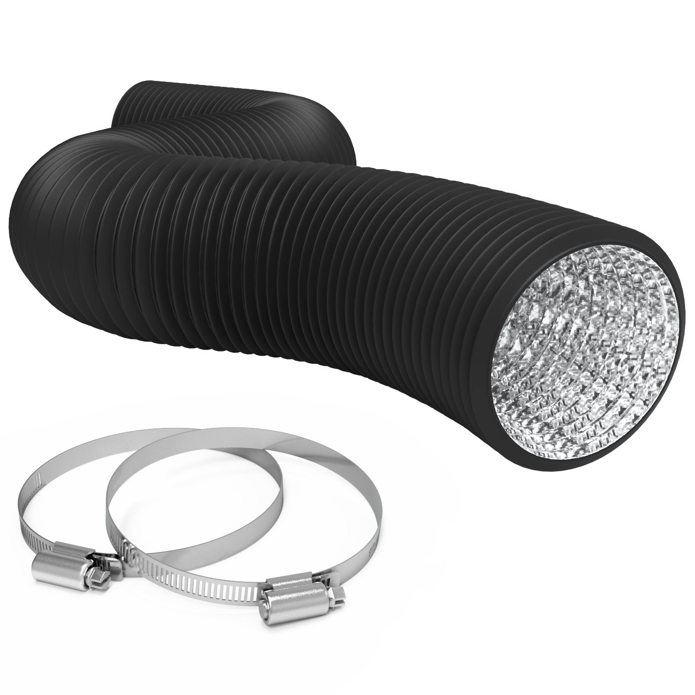 TerraBloom 8-Inch Air Duct - 8 FT Flexible HVAC Ducting with 2 Stainless Steel Clamps for Grow Tents, Hydroponics & Indoor Ventilation - Durable Black Aluminum Foil Duct