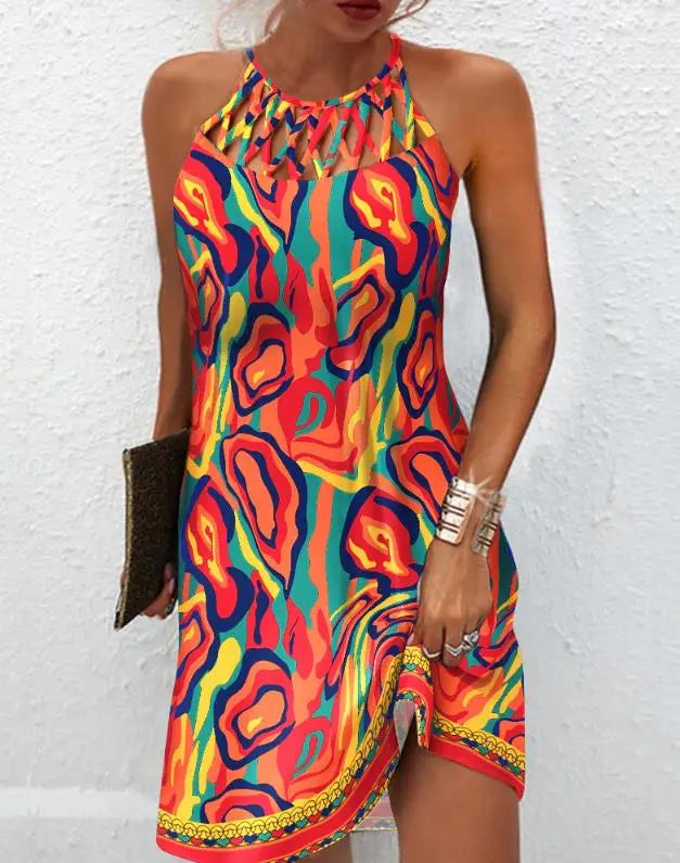 Stylish Women's Sleeveless Mini Dress - 2023 Summer Abstract Print Hollow-Out Casual Dress for Vacation & Beach Wear | Perfect for Parties, Dates & Outdoor Events