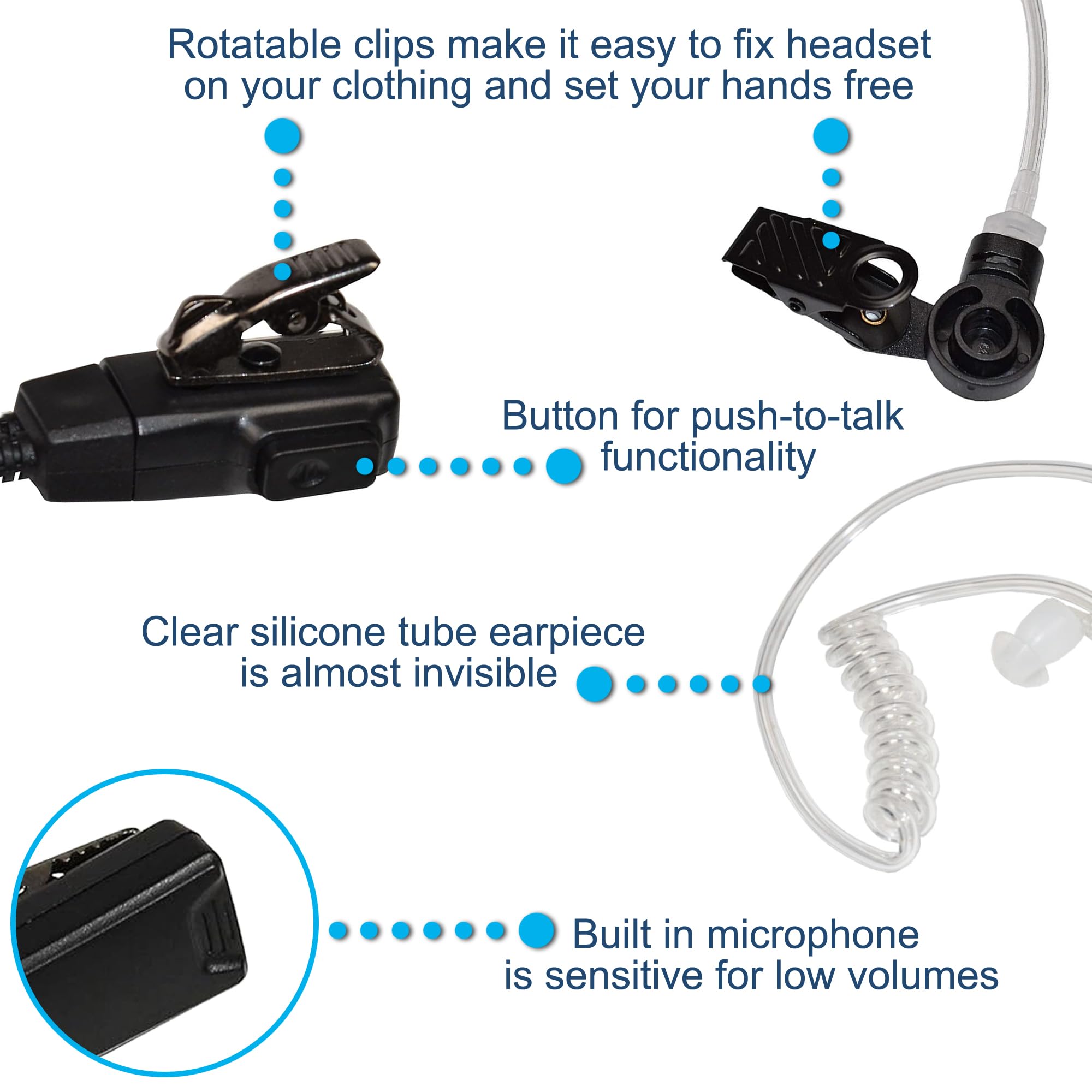 HQRP 4-Pack Acoustic Tube Earpiece Headset with PTT Mic - Compatible with Vertex Standard FT-10R, FT-40R, FT-50R, FT-60R & Sun Meter Radios - Secure & Clear Communication for Security, Construction & Event Staff