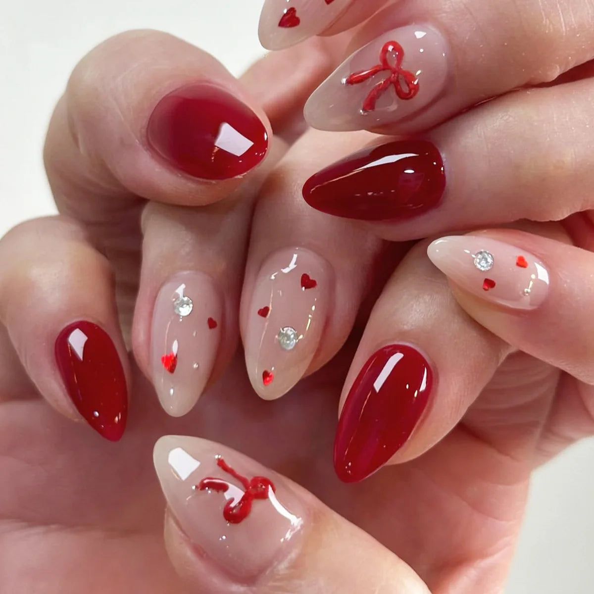 24Pcs Glitter Gradient Love Fake Nails - Short Almond French Design Press on Nails for Valentine's Day, Party, Wedding, Prom | Pink False Nails for Sweet Girls & Women | Easy to Apply, Reusable Artificial Nails