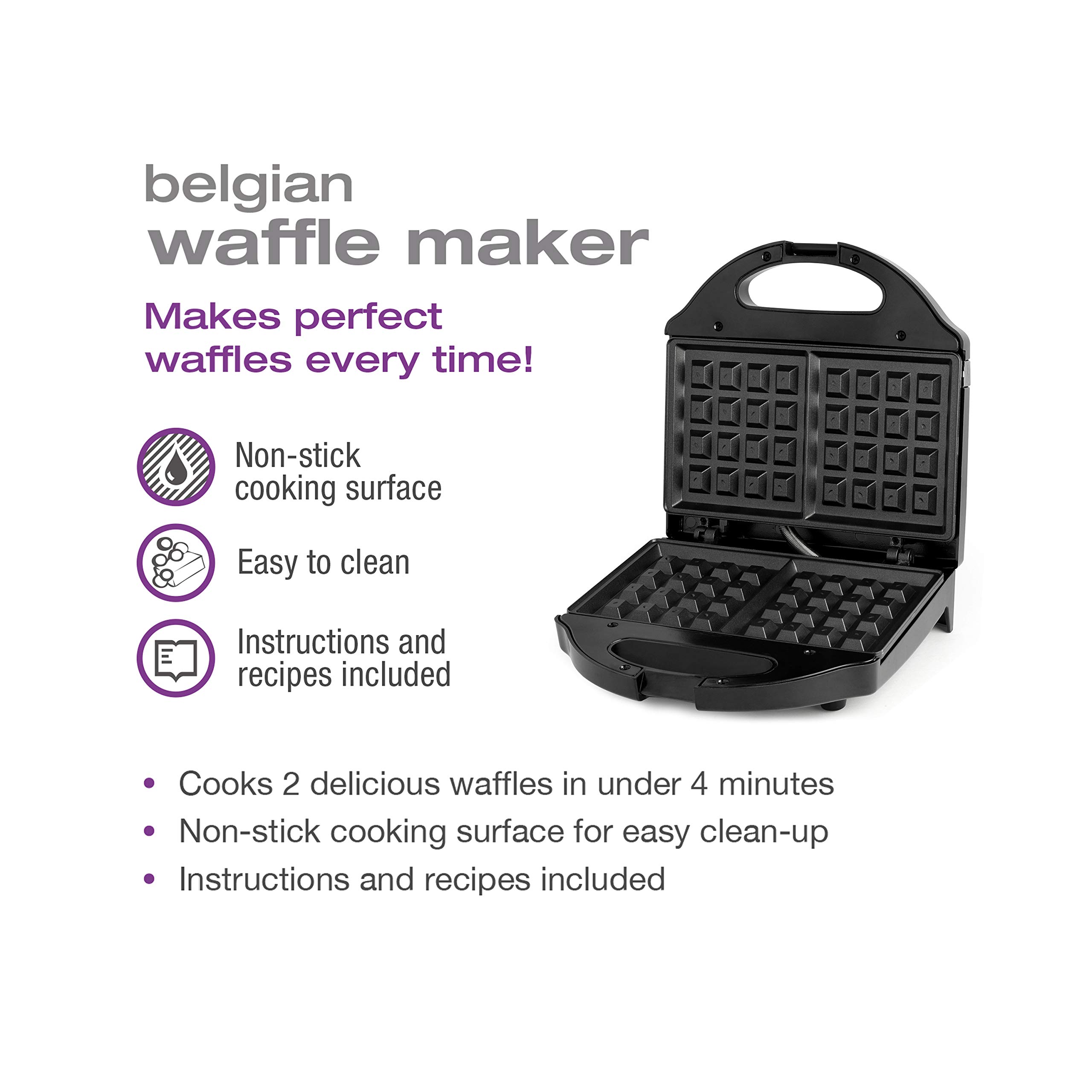 Salton WM1075BK Belgian Waffle Maker - Black, 2-Slice Non-Stick Electric Waffle Iron for Perfect Breakfast & Brunch at Home