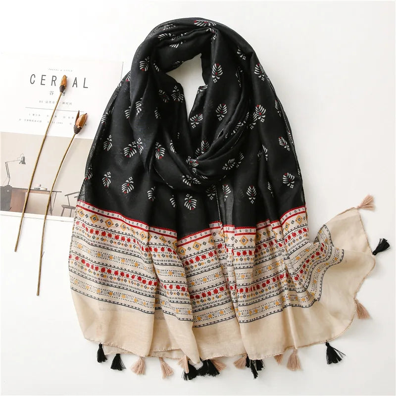 2023 Fashion Paisley Abstract Floral Tassel Viscose Shawl Scarf - Women's Lightweight Pashmina Wrap Stole & Muslim Hijab (180x90cm) - Perfect for Daily Wear, Office, Parties & Prayer