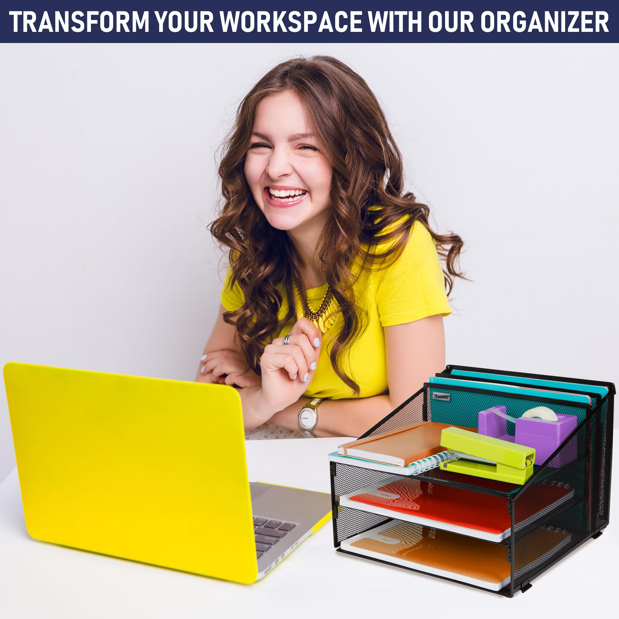 Dasher Products Metal Mesh Office Desk Organizer with 3 Paper Trays & 2 Vertical Sections - Black Desktop File Holder for Letter/A4 Size Documents, Folders & Stationery - Perfect for Home Office Organization & Workspace Accessories