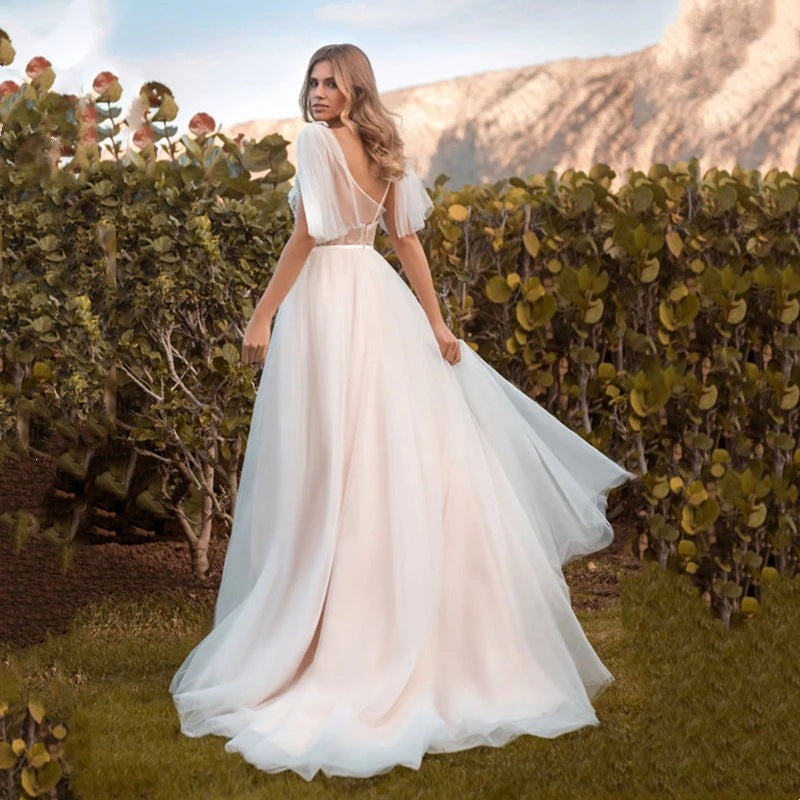 Elegant Deep V Lace Long Prom Dress with Mid Sleeves - Beach Wedding Gown for Women Size 160 | Perfect for Formal Dances, Beach Ceremonies & Special Occasions