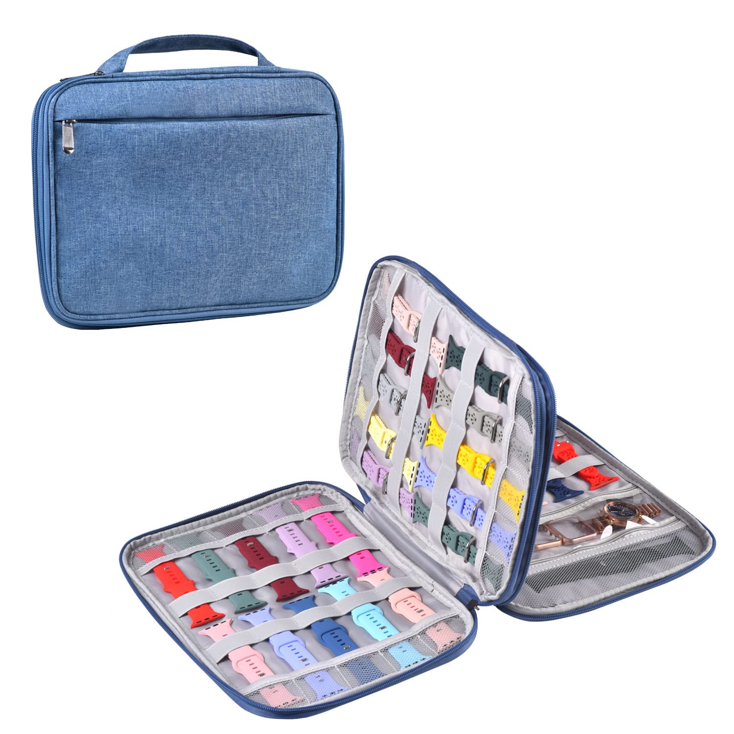 Watch Band Storage Case Organizer for 35 Straps & Accessories - Travel & Home Use (Blue)