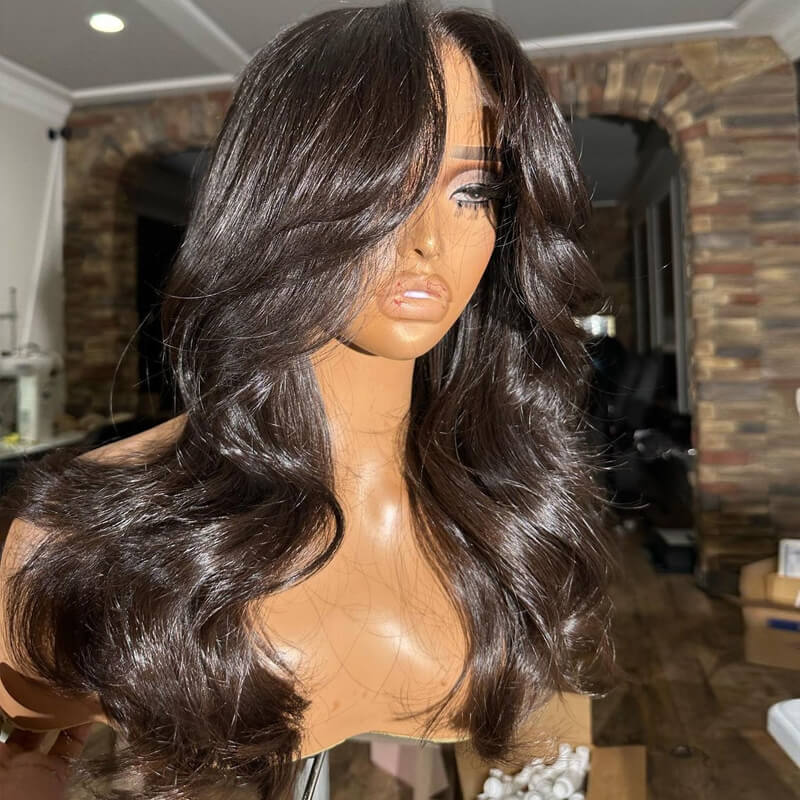 Eullair Pre-Cut Lace Human Hair Wig - TikTok Viral Layered Cut with Wavy Body Wave & Butterfly Curtain Bangs | Perfect for Cosplay, Daily Wear & Special Occasions