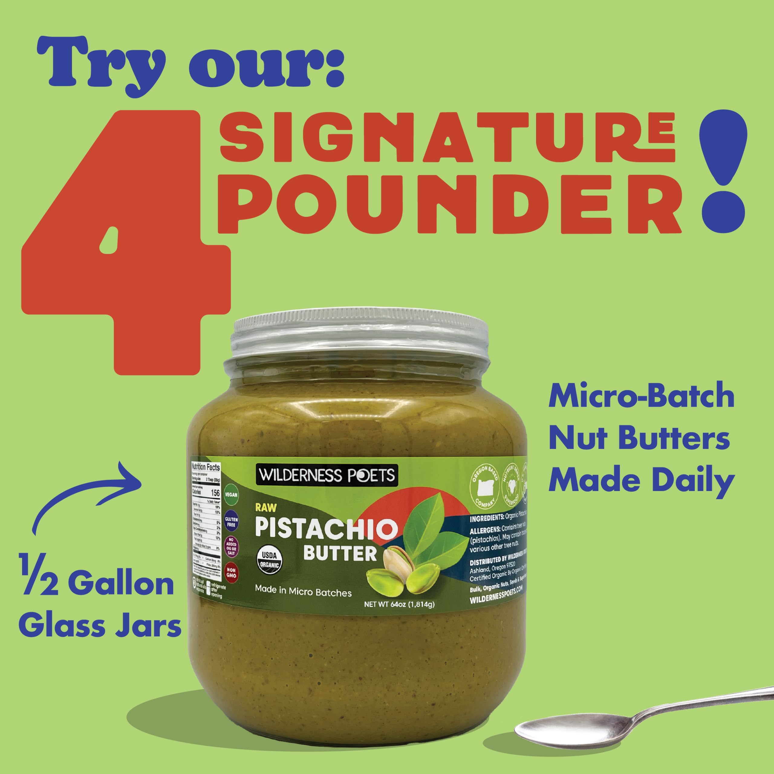 Organic Raw Pistachio Butter - 100% Pure, Unsweetened, California-Grown (7 lb - 1 Gallon) | Perfect for Desserts, Baking, Smoothies & Healthy Snacks | Vegan, Keto & Paleo Friendly