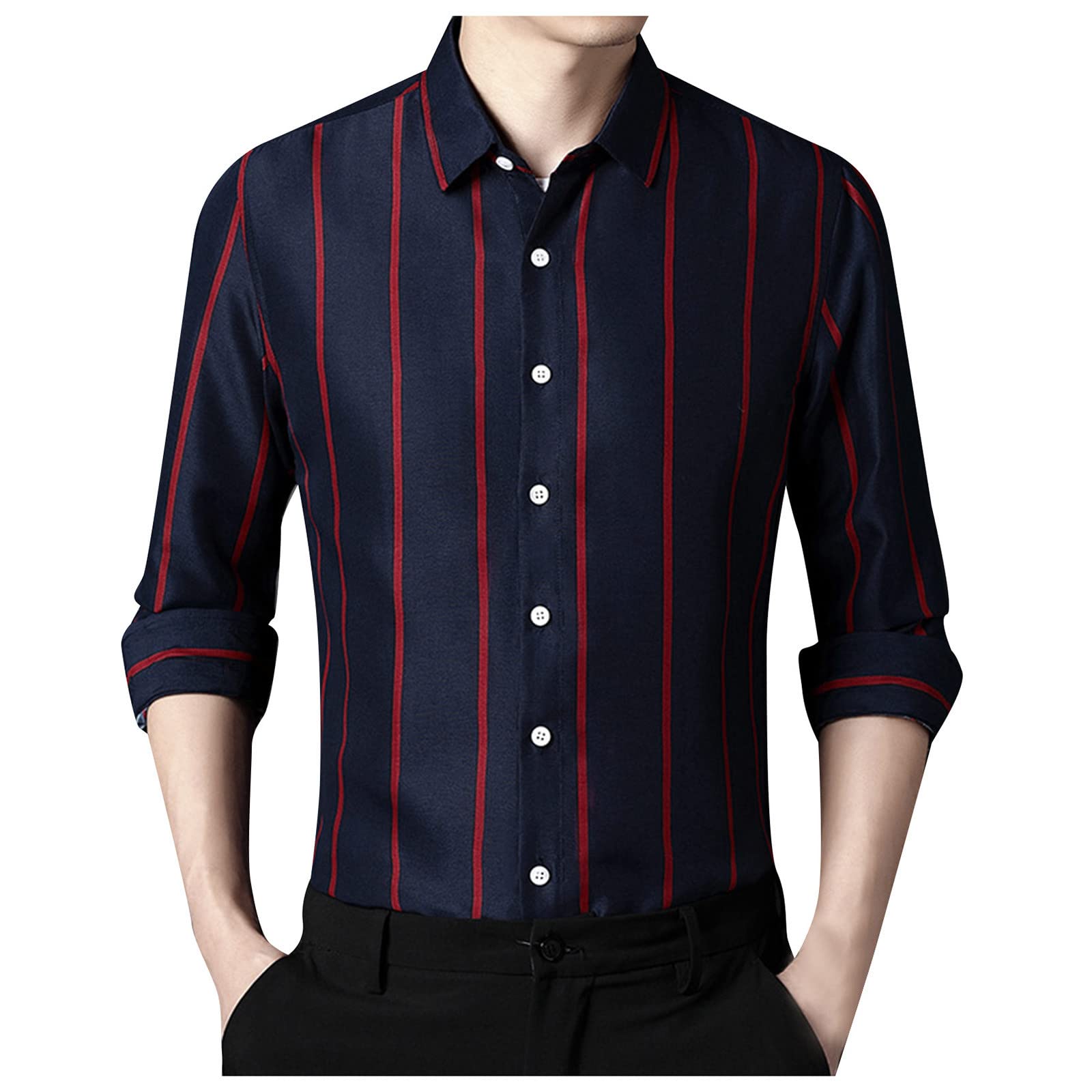 Stylish Korean Slim Fit Striped Long Sleeve Shirt for Men - Casual Business Office Wear & Date Night Outfit