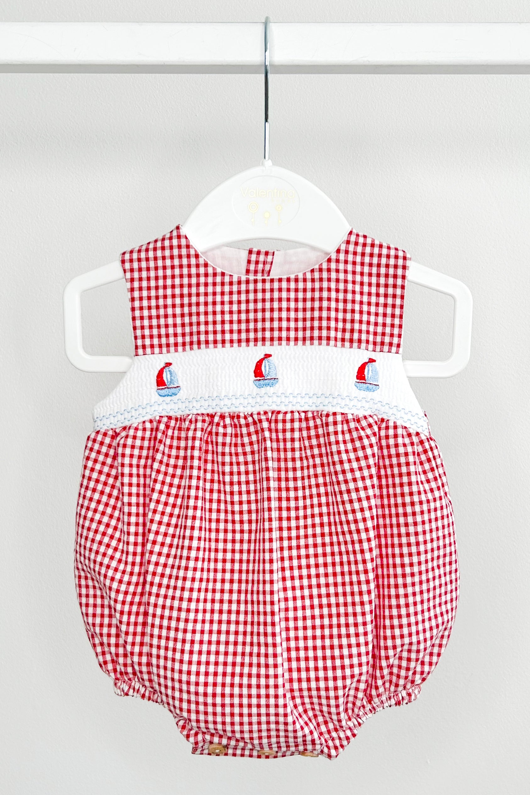 Adorable Skipper Red Gingham Smocked Sailboat Romper for Baby Girls | Cute Summer Outfit | Perfect for Beach, Picnic & Family Photos
