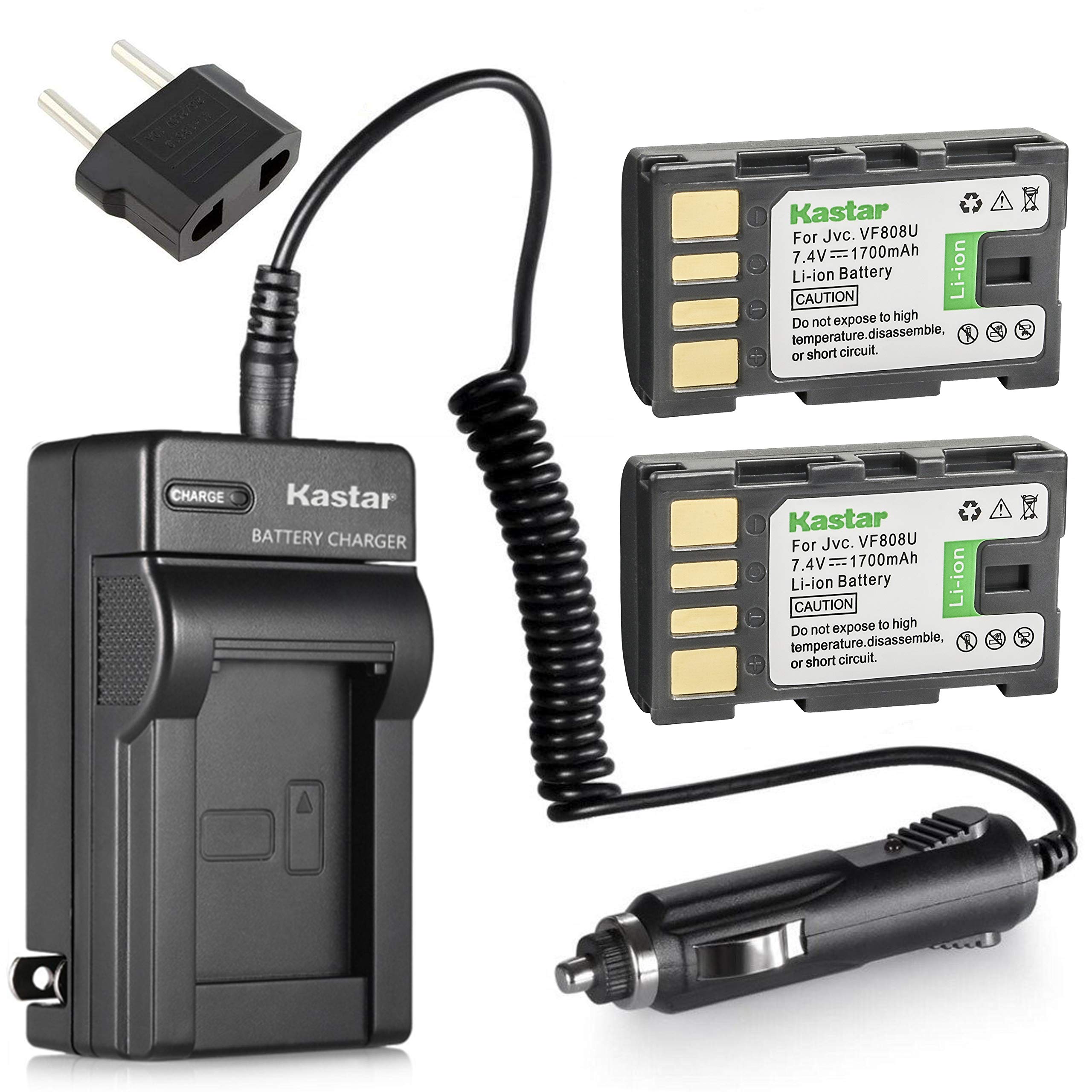 Kastar 2-Pack Replacement Battery & Charger for JVC Everio Camcorder Models GZ-HD300AU/GZ-HD320/GZ-HM200/GZ-HM400 (Compatible with 15+ Models) - Perfect for Travel Vlogging & Outdoor Filming