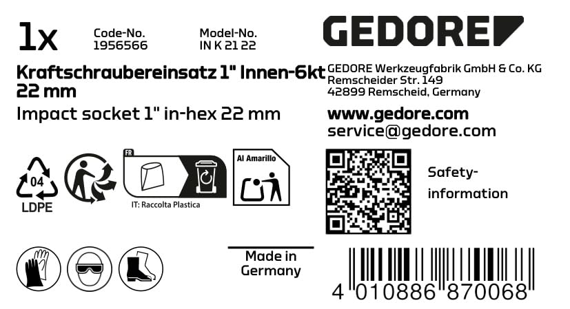 GEDORE K 21 22 Impact Screwdriver Bit Socket 1 Inch 22mm - Heavy Duty Impact Driver Bit for Automotive, Construction & DIY Projects