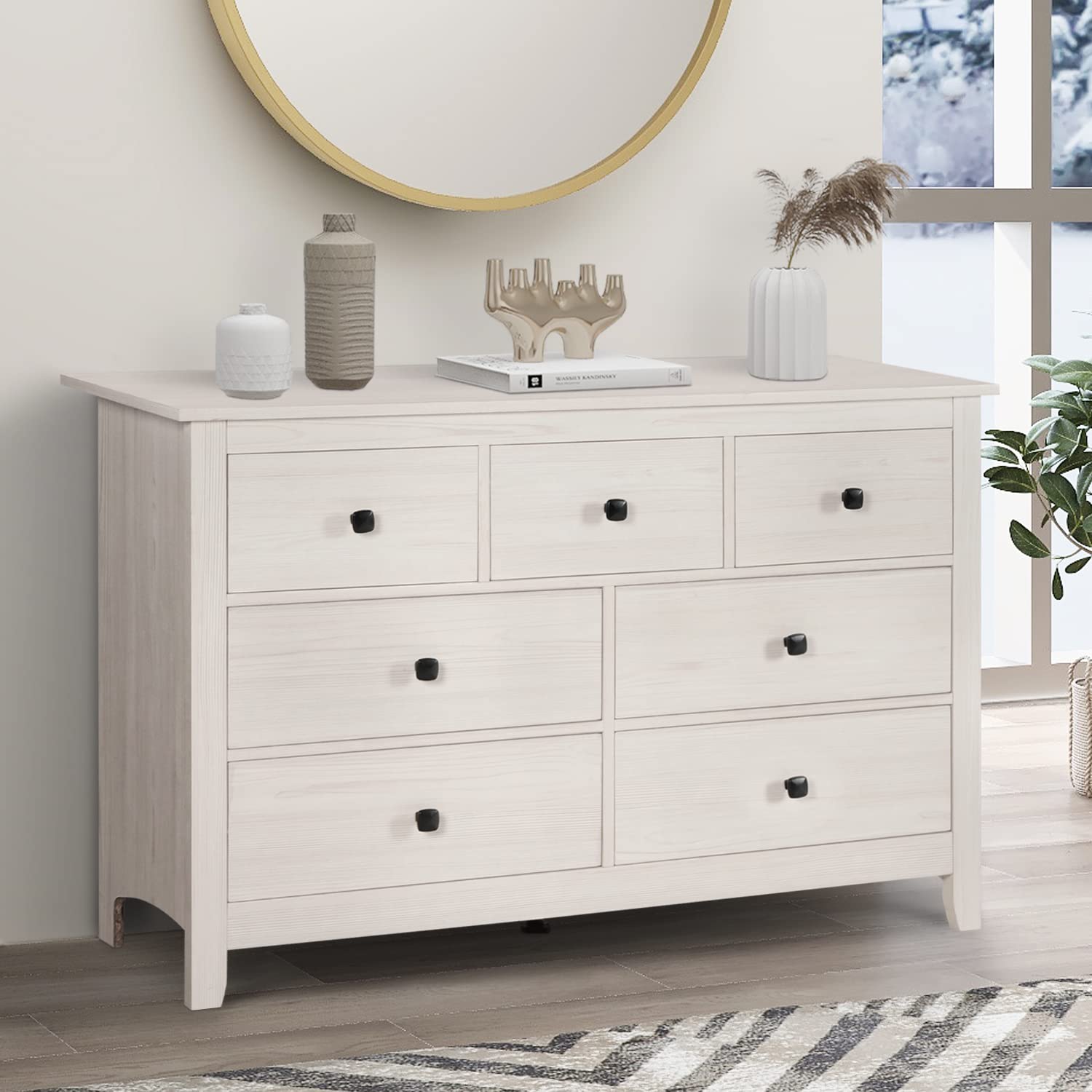 Vikiullf 3-Piece Dresser and Nightstand Set - 7-Drawer Chest & 2-Drawer Nightstands, White Wood Grain Bedroom Storage Furniture for Master Bedroom, Guest Room or Dorm Organization