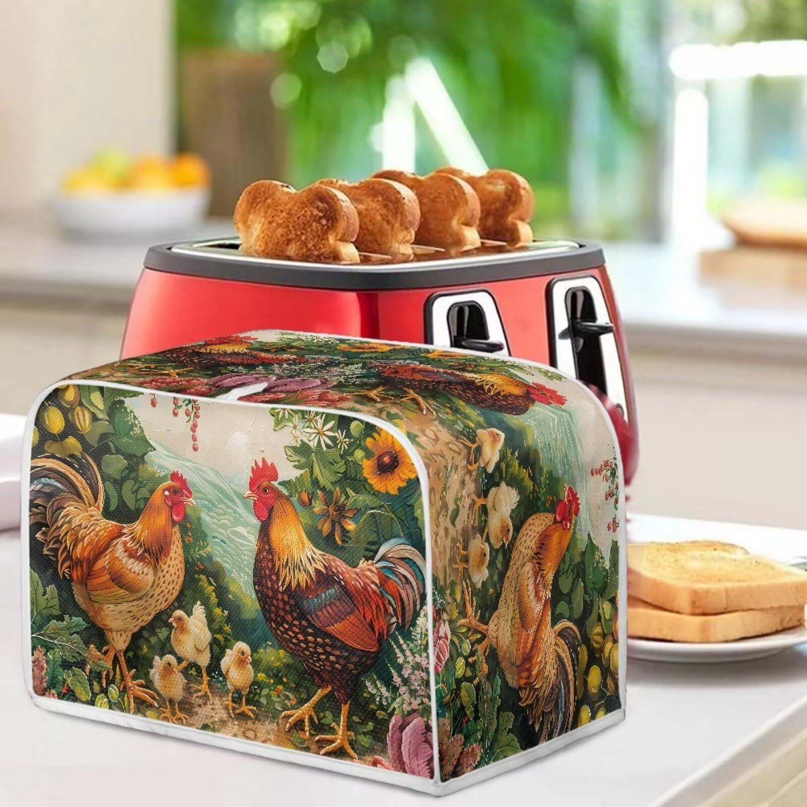 Rooster Chicken 4-Slice Toaster Cover - Washable Kitchen Appliance Protector for Bread Makers | Dust & Grease Proof Toaster Cover | Decorative & Anti-Scratch Design | Perfect for Home, Office, or Restaurant Use
