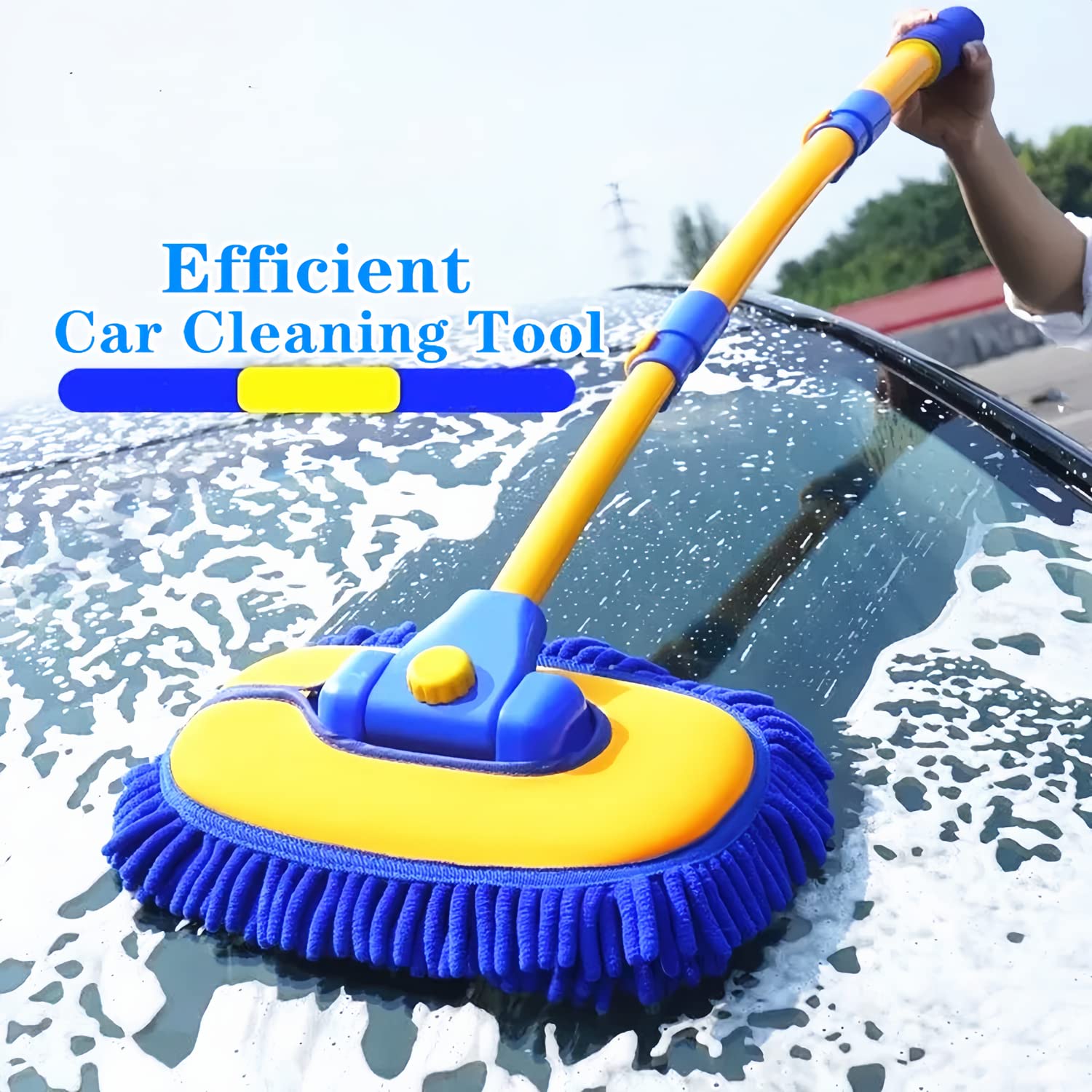 Premium Long Handle Car Wash Brush with Chenille Microfiber - Scratch-Free Cleaning Brush Kit with Replaceable Head (Blue) - Perfect for Car Detailing, RV, Boat & Truck Washing Accessories