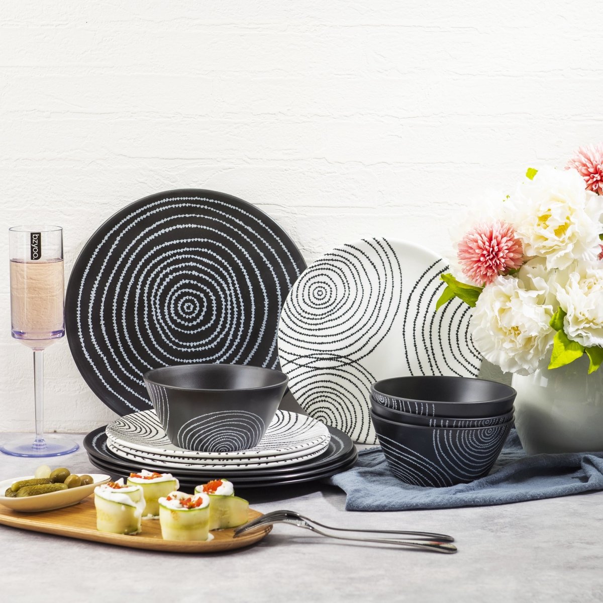 12-Piece Black Planet Melamine Dinnerware Set - Plates & Bowls for Outdoor Picnics, Camping, and Durable Everyday Use