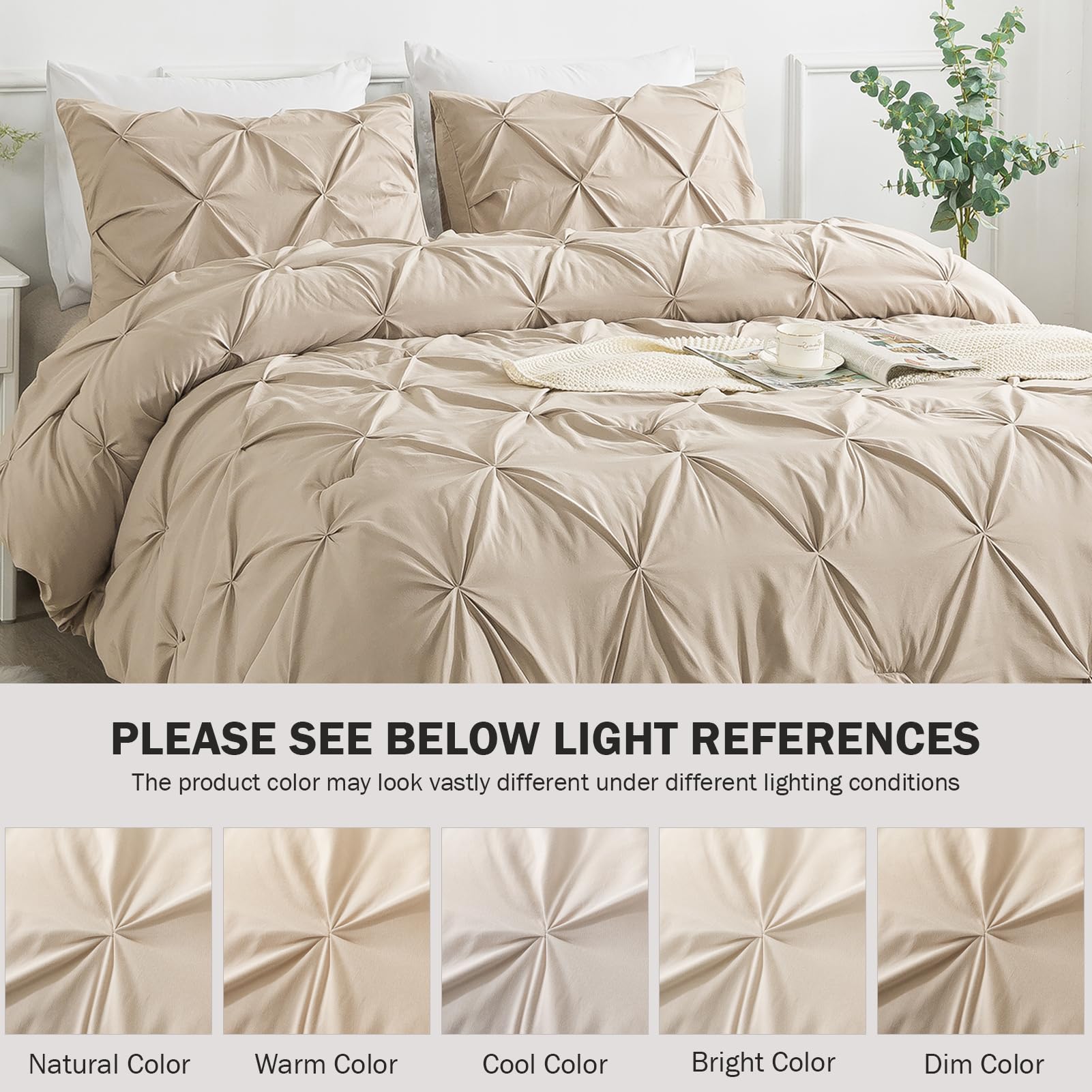 Andency Khaki Pinch Pleat Comforter Set Twin Size 66x90 Inch - 2 Piece Microfiber All Season Down Alternative Bedding (Comforter + Pillowcase) - Soft Pintuck Design for Cozy Bedroom Decor & Guest Room Essentials