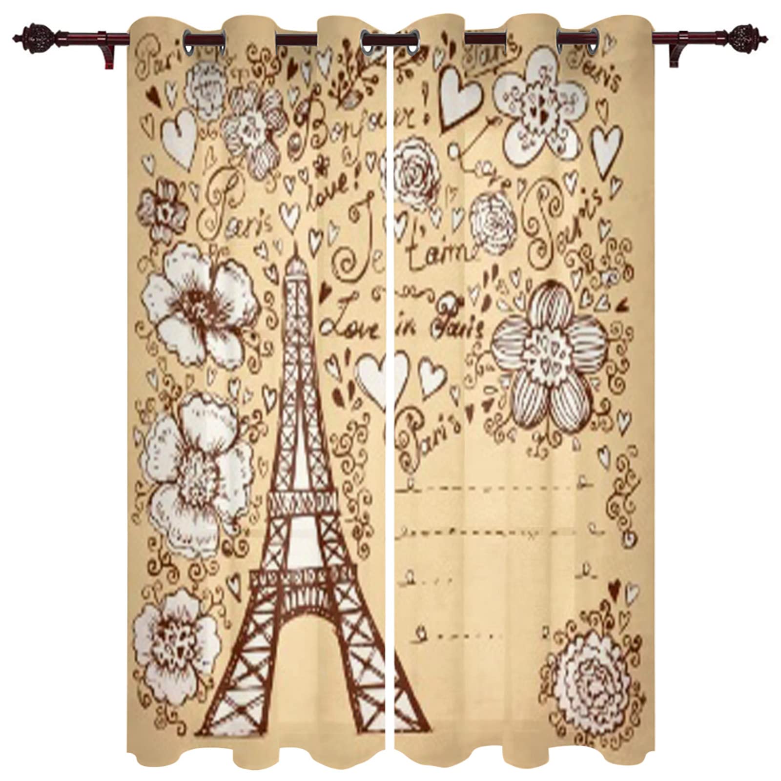 Vintage Paris Eiffel Tower Brown Background Blackout Curtains - Soundproof Thermal Insulated Polyester Window Treatments for Bedroom, Living Room & Kitchen (42x63 Inches) - Perfect for French-Themed Decor, Light Blocking & Noise Reduction