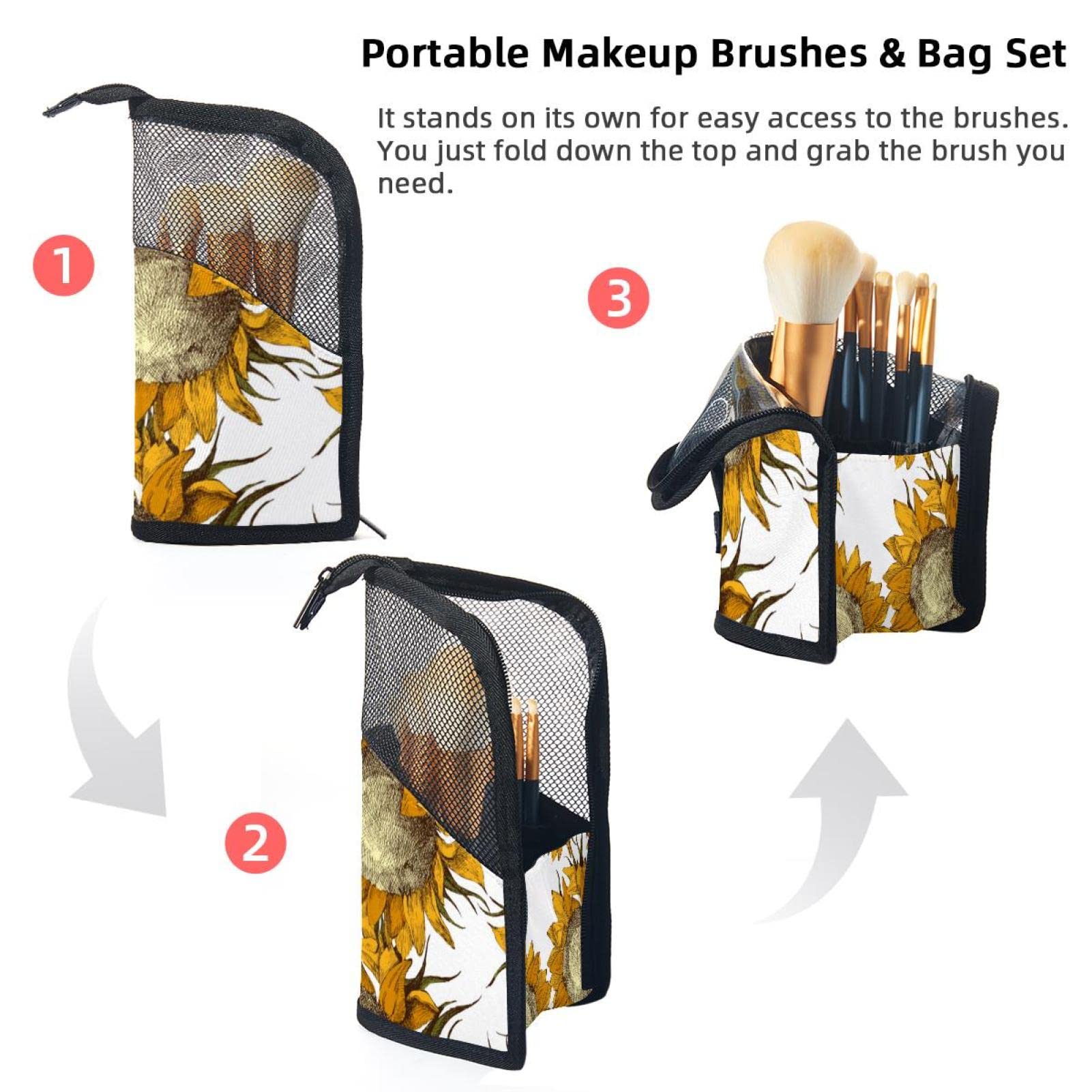 12-Piece Sunflower Pattern Makeup Brush Organizer Bag – Portable Makeup Brush Holder Case for Travel & Home Storage