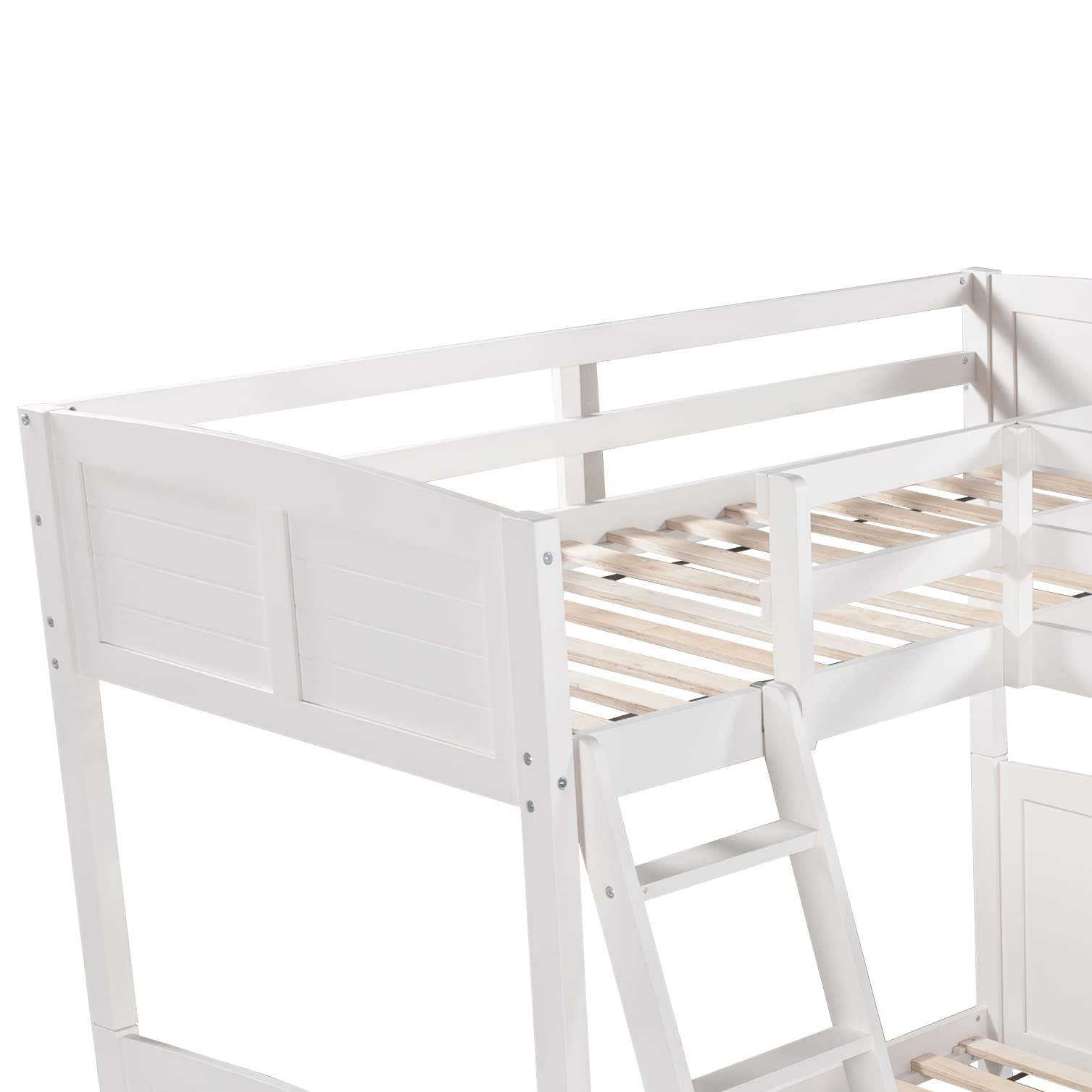 RUNNA Solid Wood L-Shaped Twin Size Triple Bunk Bed with Guardrails & 2 Ladders - No Box Spring Needed (White+TP) - Perfect for Kids' Bedrooms, Dorm Rooms & Space-Saving Home Solutions