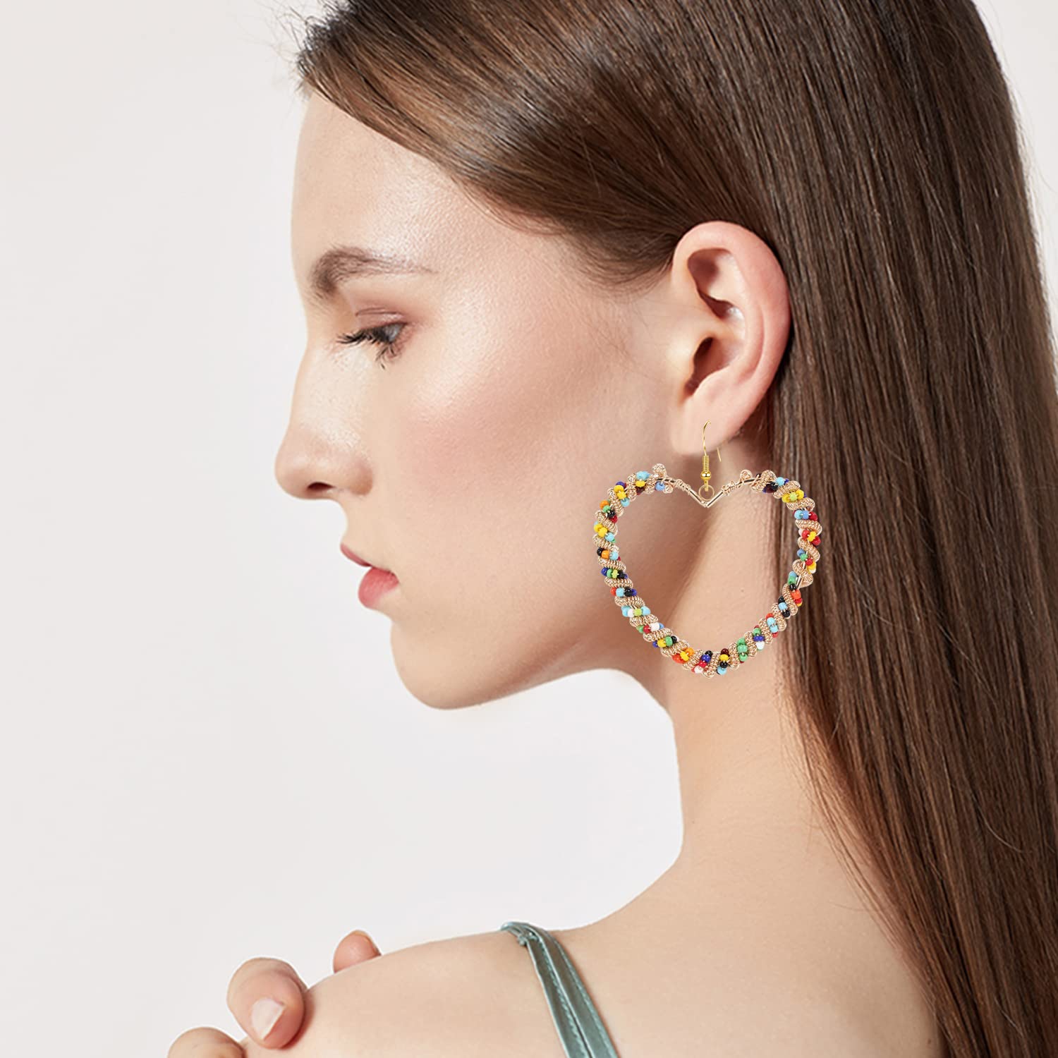 Handmade Boho Colorful Love Heart Beaded Hoop Earrings for Women - Bohemian Circle Round Beaded Dangle Drop Earrings, Unique Chic Oval Geometry Jewelry - Perfect for Festival, Wedding, Party & Funny Gift Giving
