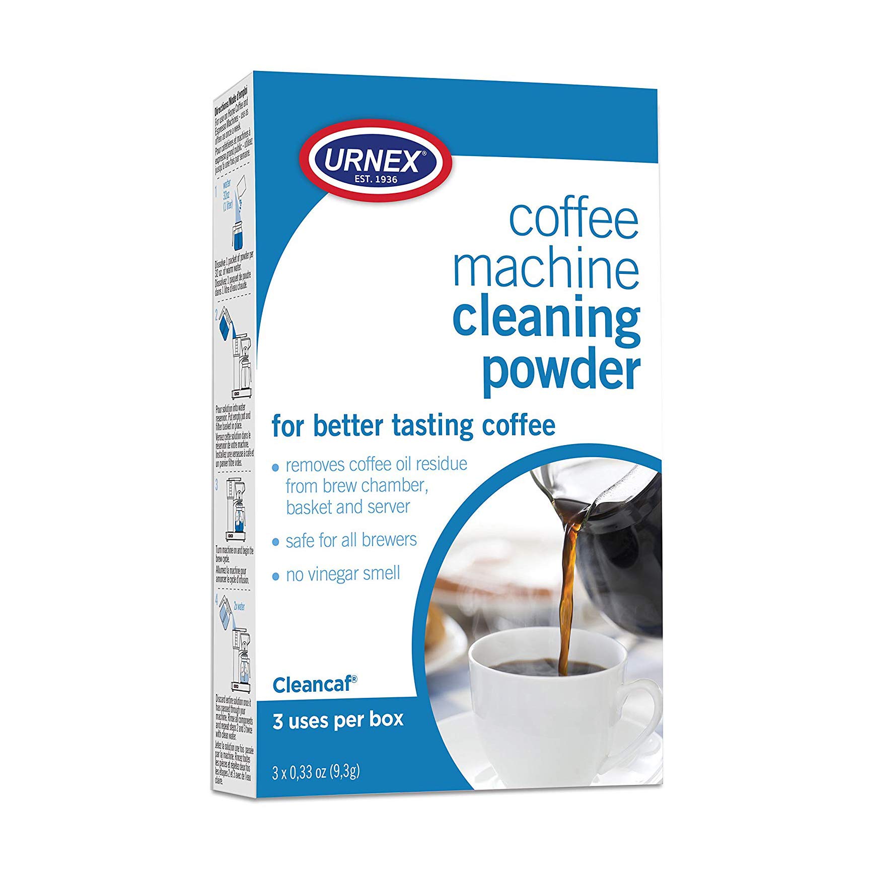Urnex Cleancaf Coffee Maker & Espresso Machine Cleaner Powder - 3 Packets | Compatible with Keurig, DeLonghi, Nespresso, Ninja, Hamilton Beach, Mr. Coffee, Braun | Perfect for Home & Office Coffee Machine Maintenance