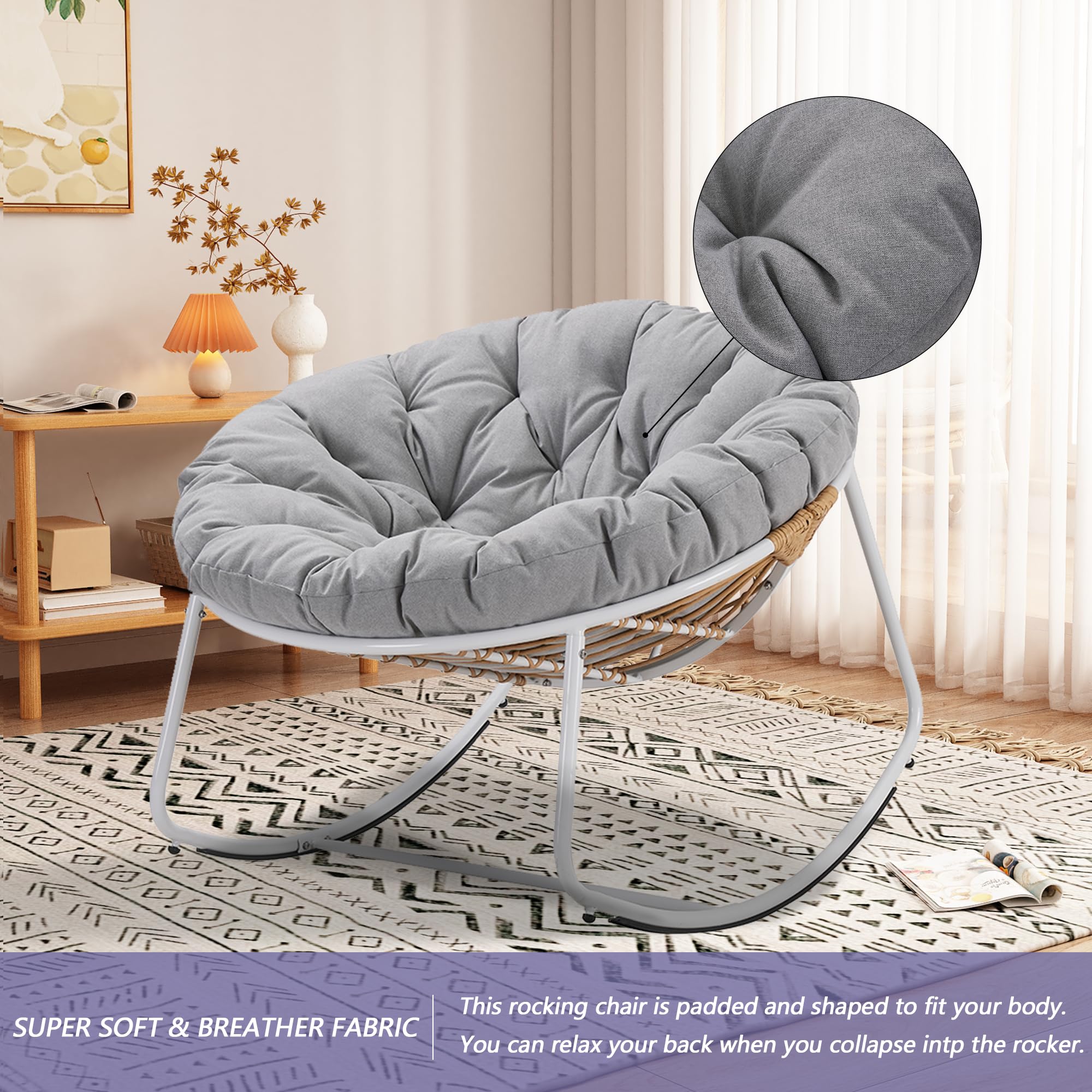 Outdoor Round Rocking Chair - Patio Wicker Egg Chair with Light Gray Padded Cushion | Oversized Comfy Papasan Chair & Royal Rattan Rocker for Living Room, Front Porch, Garden, Balcony | Perfect for Relaxing, Reading & Sunbathing