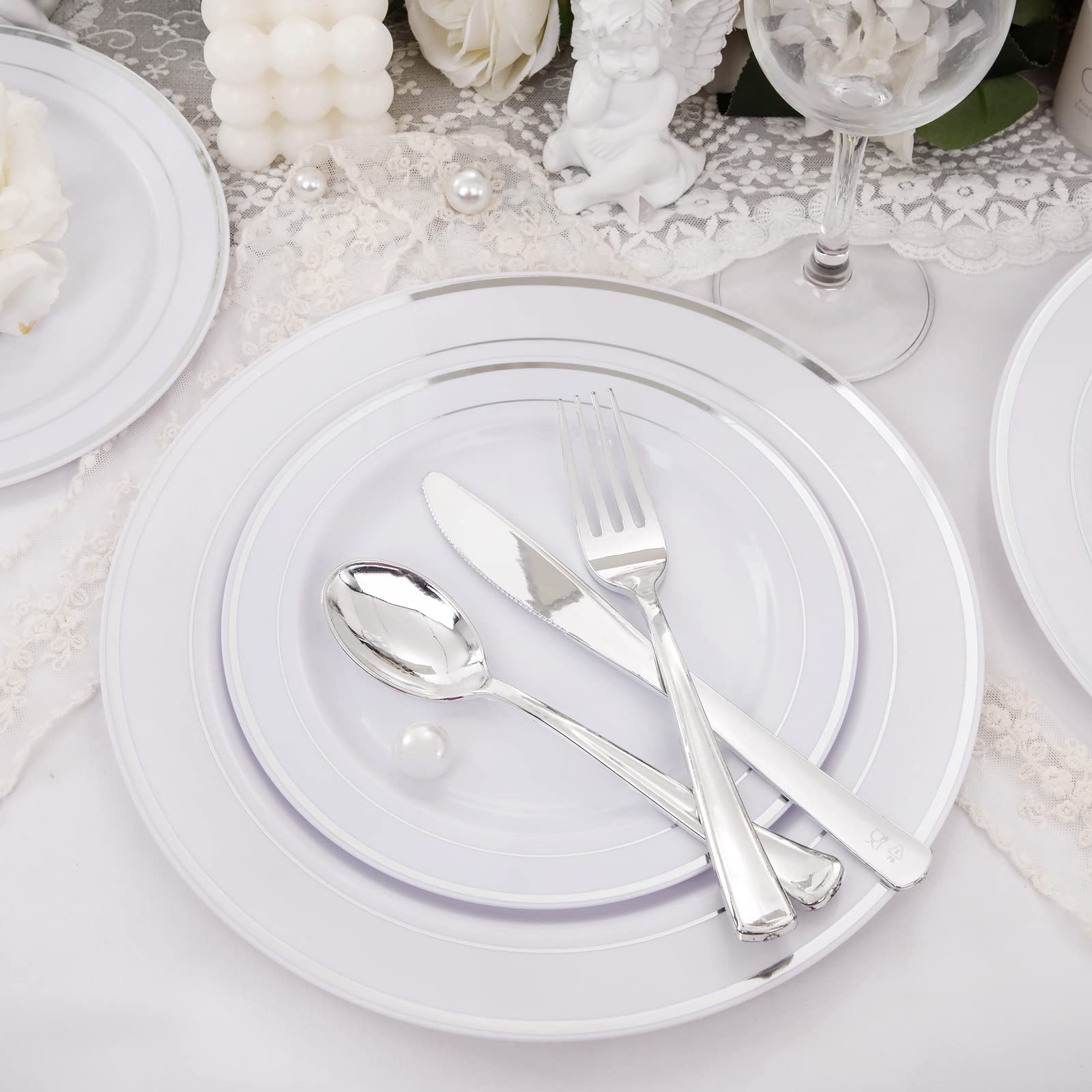 WELLIFE 200-Piece Silver Plastic Party Plates Set - Disposable Dinnerware for Events, Includes 40 Dinner Plates, 40 Dessert Plates & 40 Silver Plastic Cutlery - Perfect for Weddings, Birthdays & Catering Events