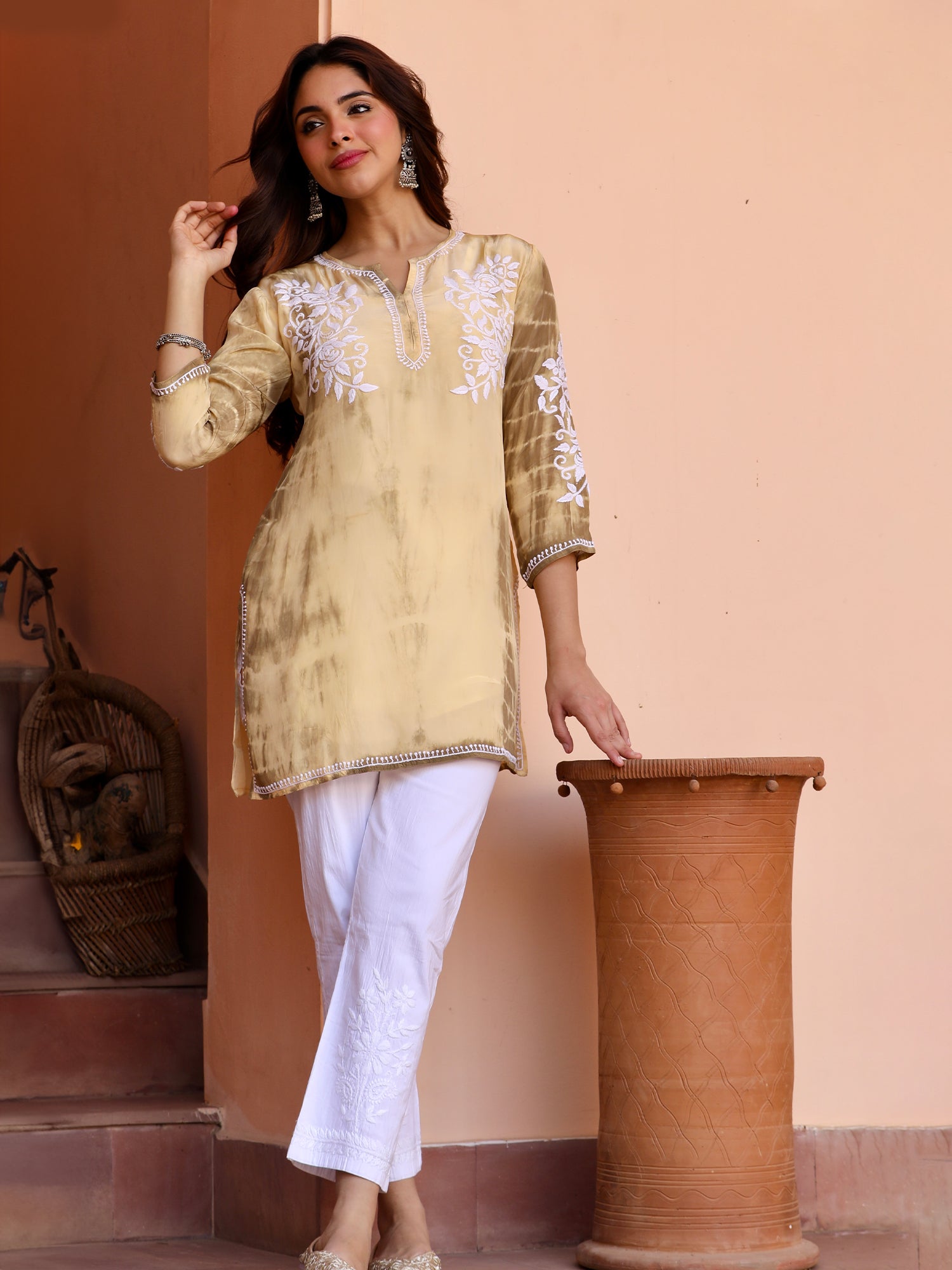Tanvi Saba Chikankari Embroidered Short Kurta - Beige Crepe Silk Top for Women | Perfect for Festivals, Weddings & Casual Wear