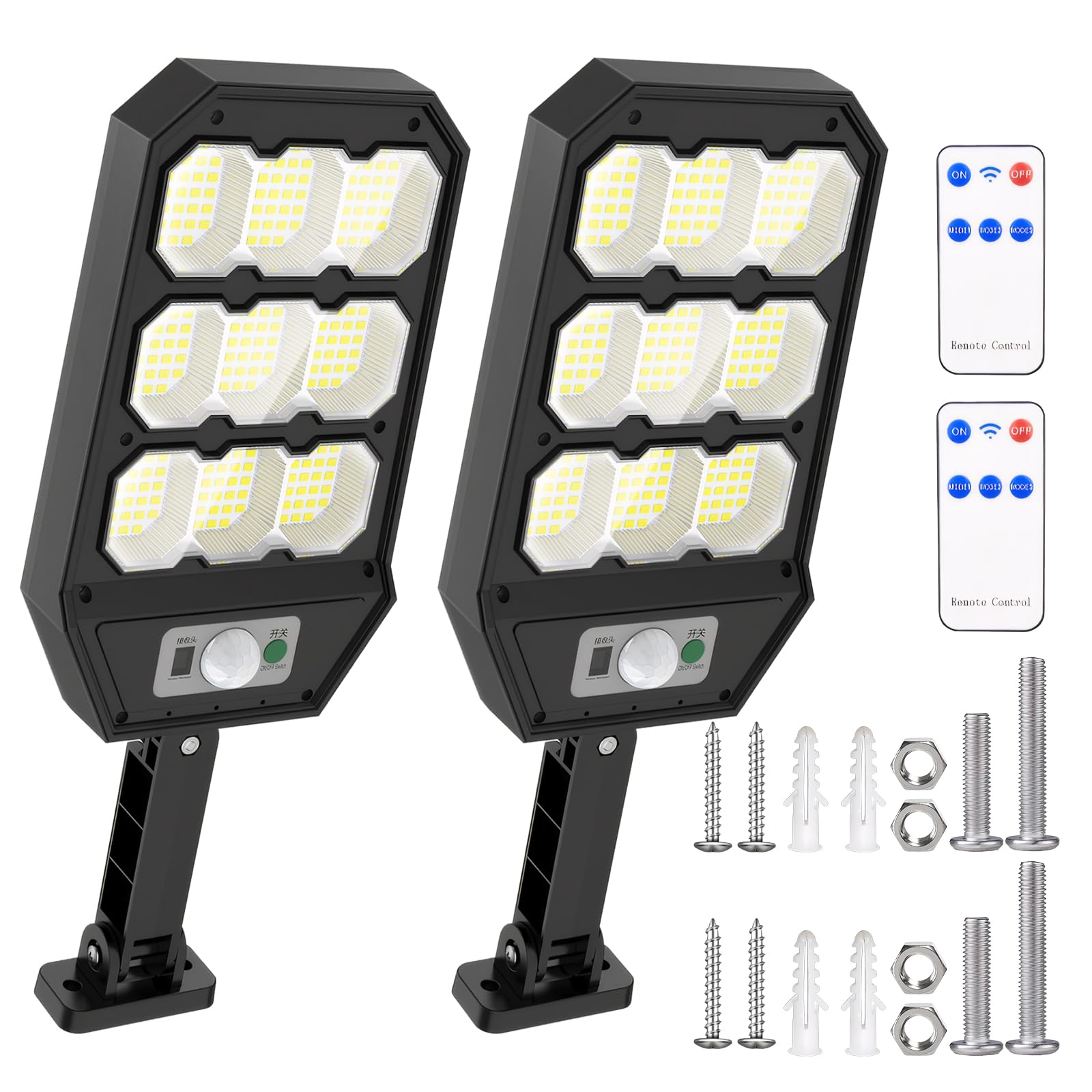 Qoosea Solar Street Lights Outdoor Waterproof - Dusk to Dawn Motion Sensor Solar Lights with 3 Modes & Remote Control - Solar Flood Lights for Backyard, Garage, Garden, Pathway (2 Pack) - Energy Efficient Outdoor Lighting for Security & Landscape Illumination