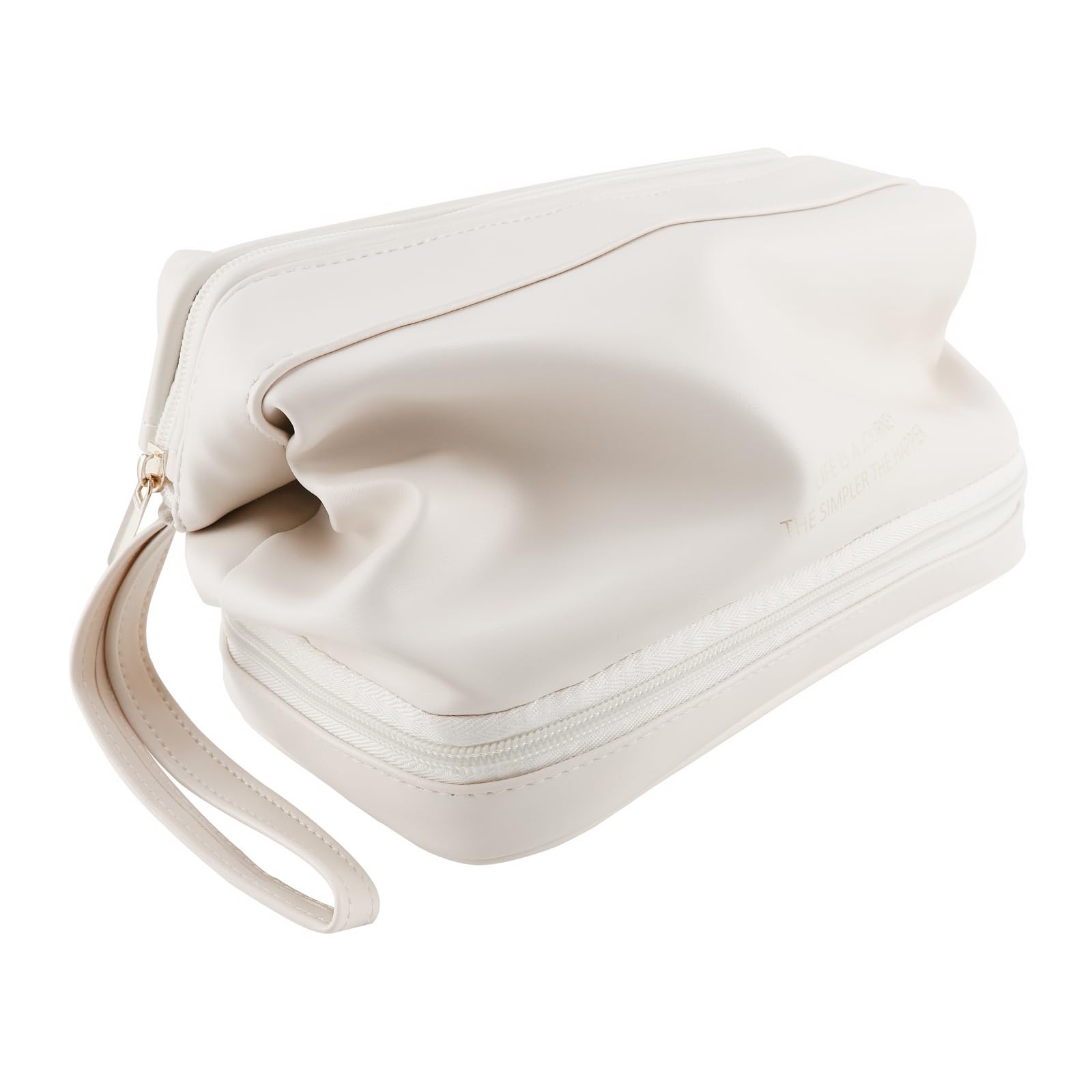 Waterproof Travel Makeup Bag for Women - Large Capacity Double Layer Cosmetic Organizer with Brush Holder, PU Leather Toiletry Bag (White) - Perfect for Travel, Gym & Daily Makeup Storage