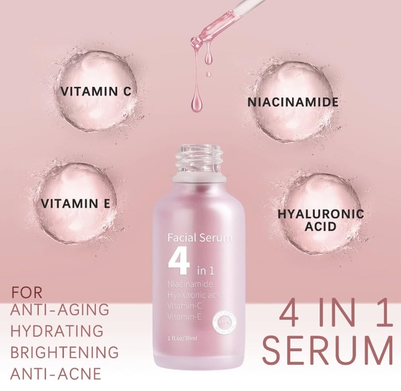 4-in-1 Premium Facial Serum with Vitamin C, Hyaluronic Acid, Niacinamide & Vitamin E - Dark Spot Corrector, Anti-Aging, Hydration for Fine Lines, Wrinkles & Acne Marks - 1oz - Perfect for Daily Skincare Routine & Nighttime Treatment