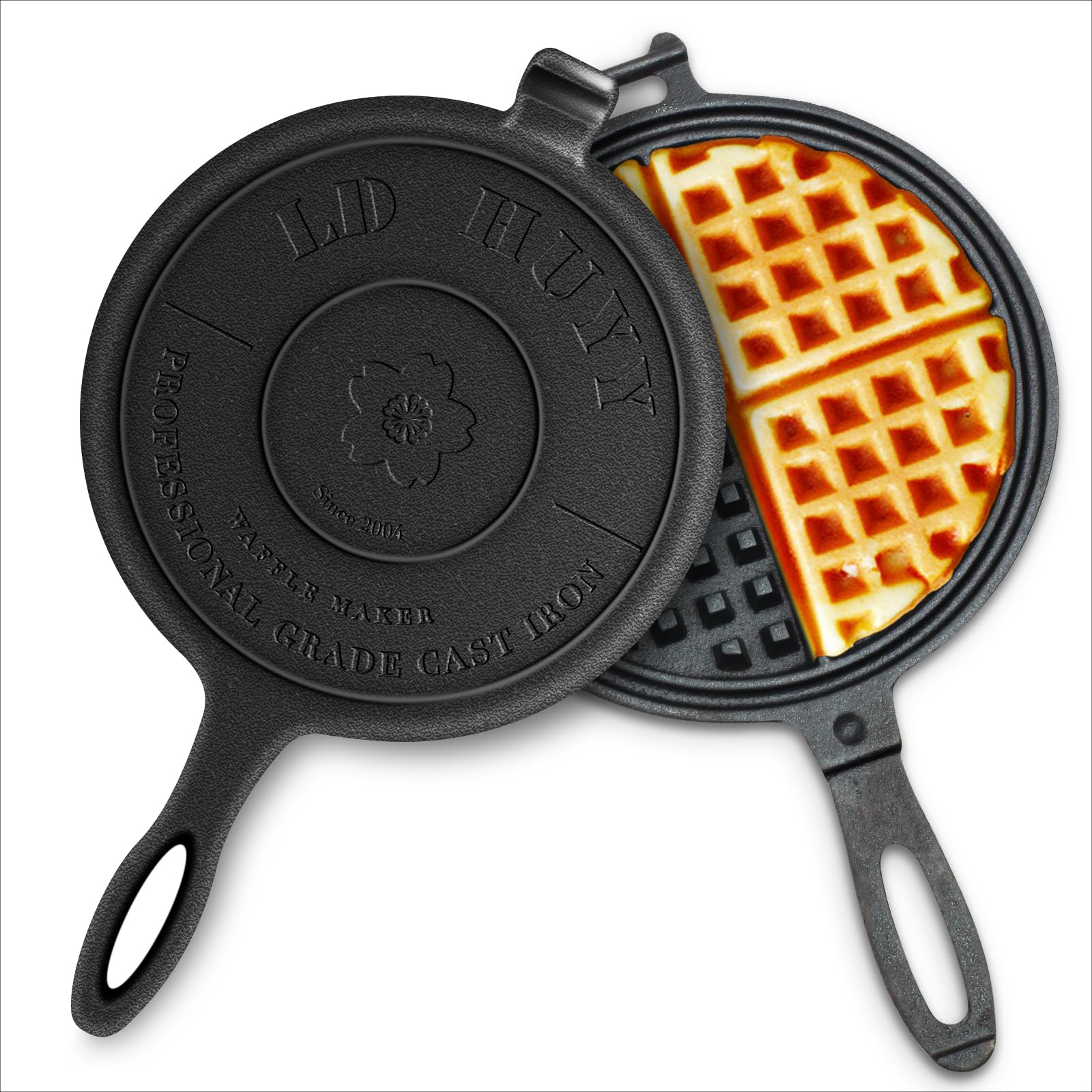 Premium 8-Inch Cast Iron Stovetop Waffle Maker - Heavy Duty, Fast Heating, Uncoated Surface - Rustic Round Belgian Waffle Iron for Camping, Home Kitchen & Outdoor Cooking