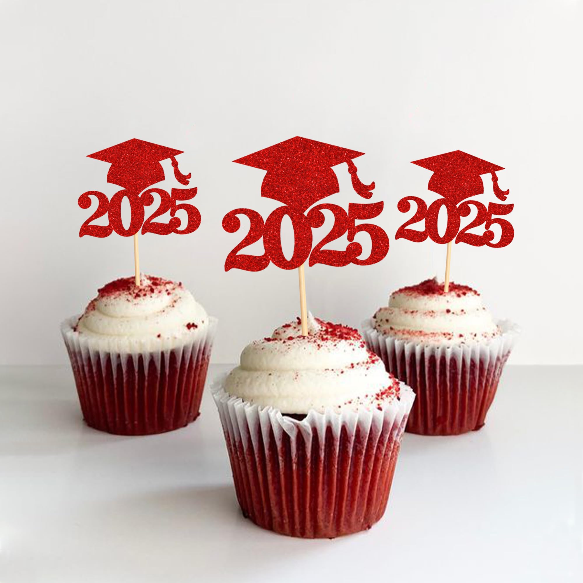 36 Pack 2025 Graduation Cap Cupcake Toppers - Glitter Class of 2025 Decorations for Graduation Party Supplies (Red) - Perfect for Graduation Cakes, Cupcakes, and Dessert Table Decor