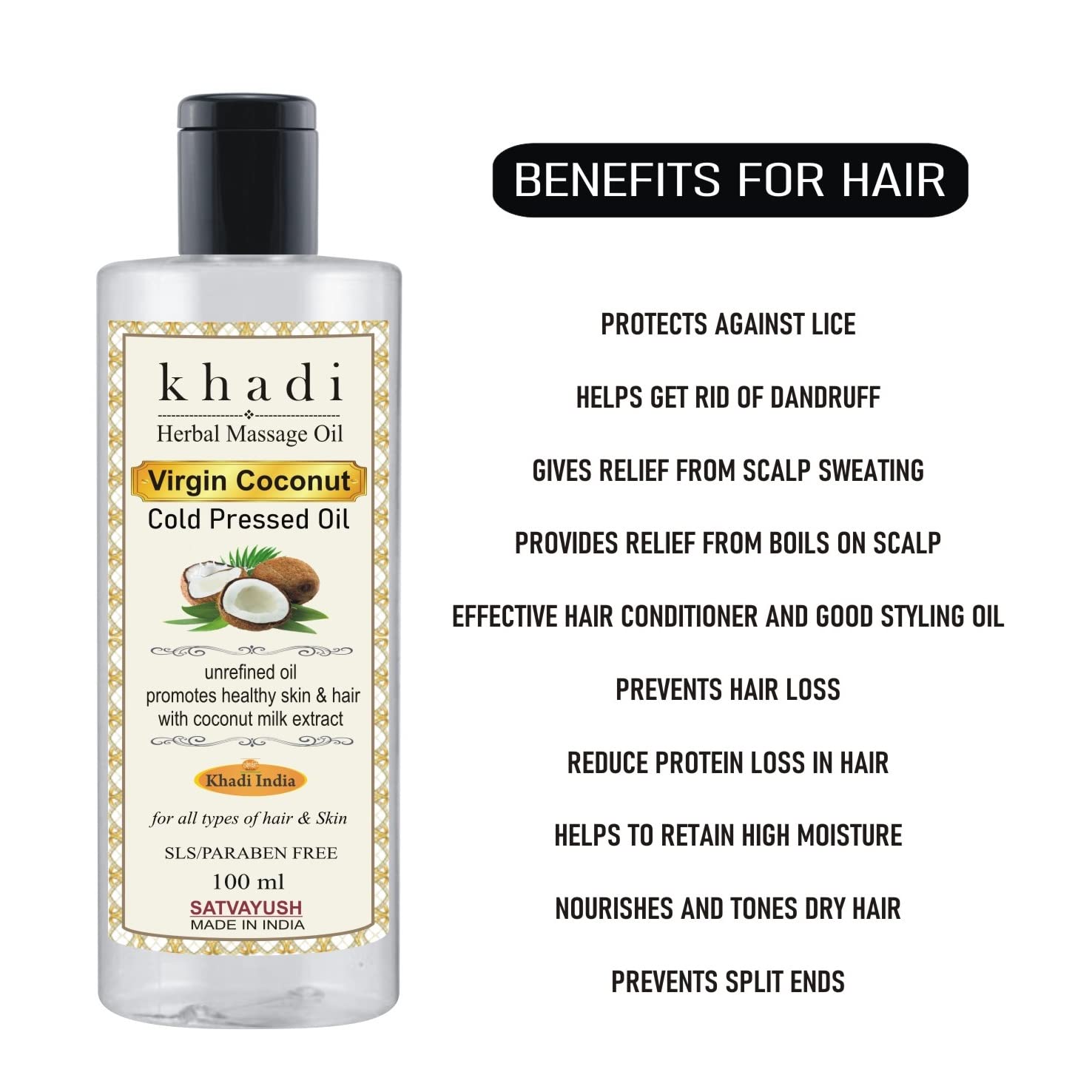 Organic Satvayush Khadi Extra Virgin Cold Pressed Coconut Oil - 100% Pure Natural Hair & Skin Care, Baby Massage Oil - 100ml (Pack of 1) - Perfect for Daily Moisturizing, Scalp Treatment & Aromatherapy