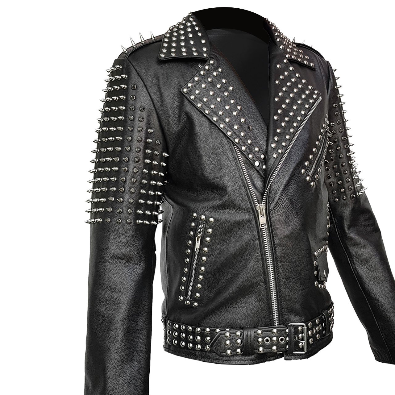 Men's Black Leather Punk Jacket with Spikes for Motorcycle & Night Out