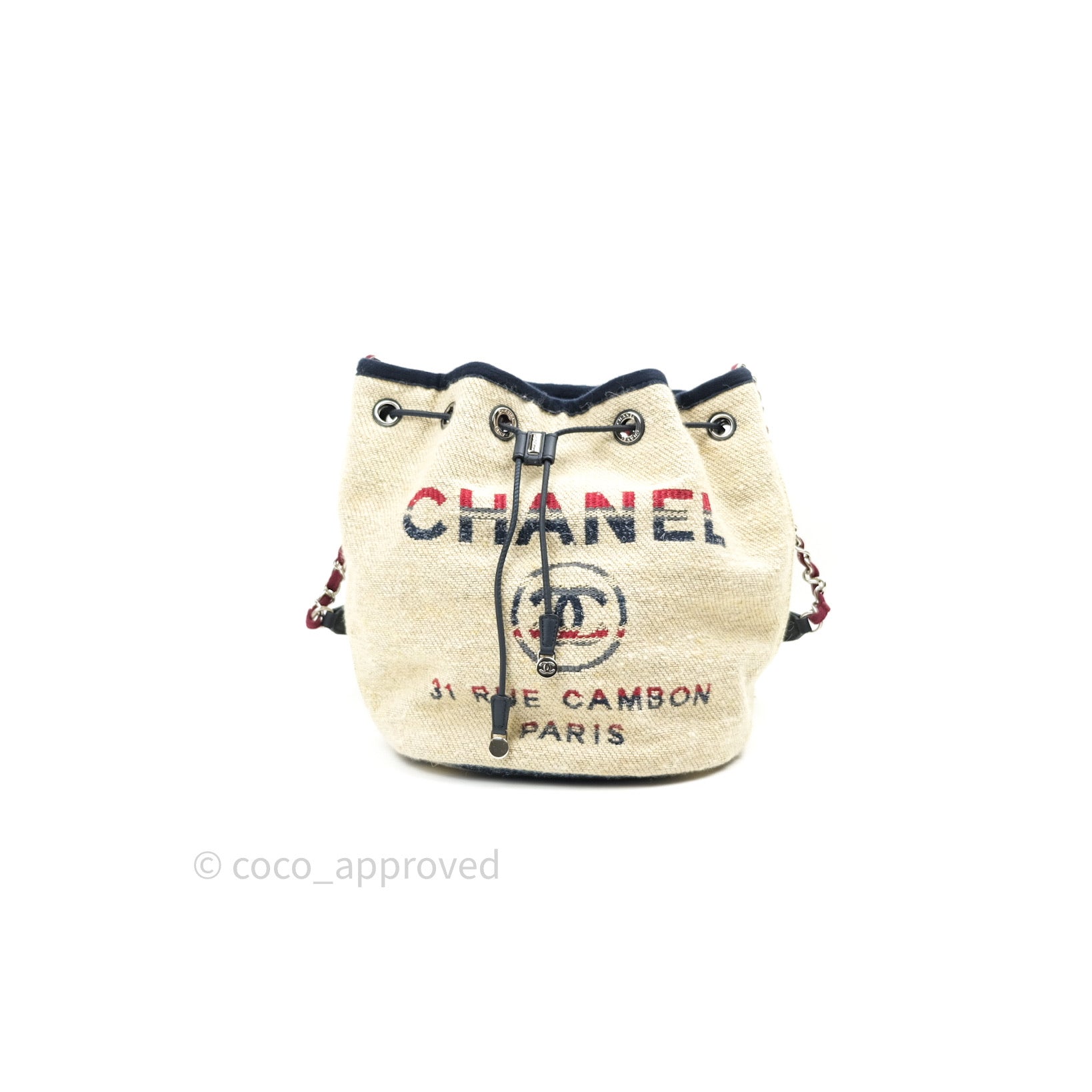 Chanel Canvas Deauville Drawstring Bag in Beige & Red - Luxury Tote for Women, Perfect for Beach, Travel & Everyday Use