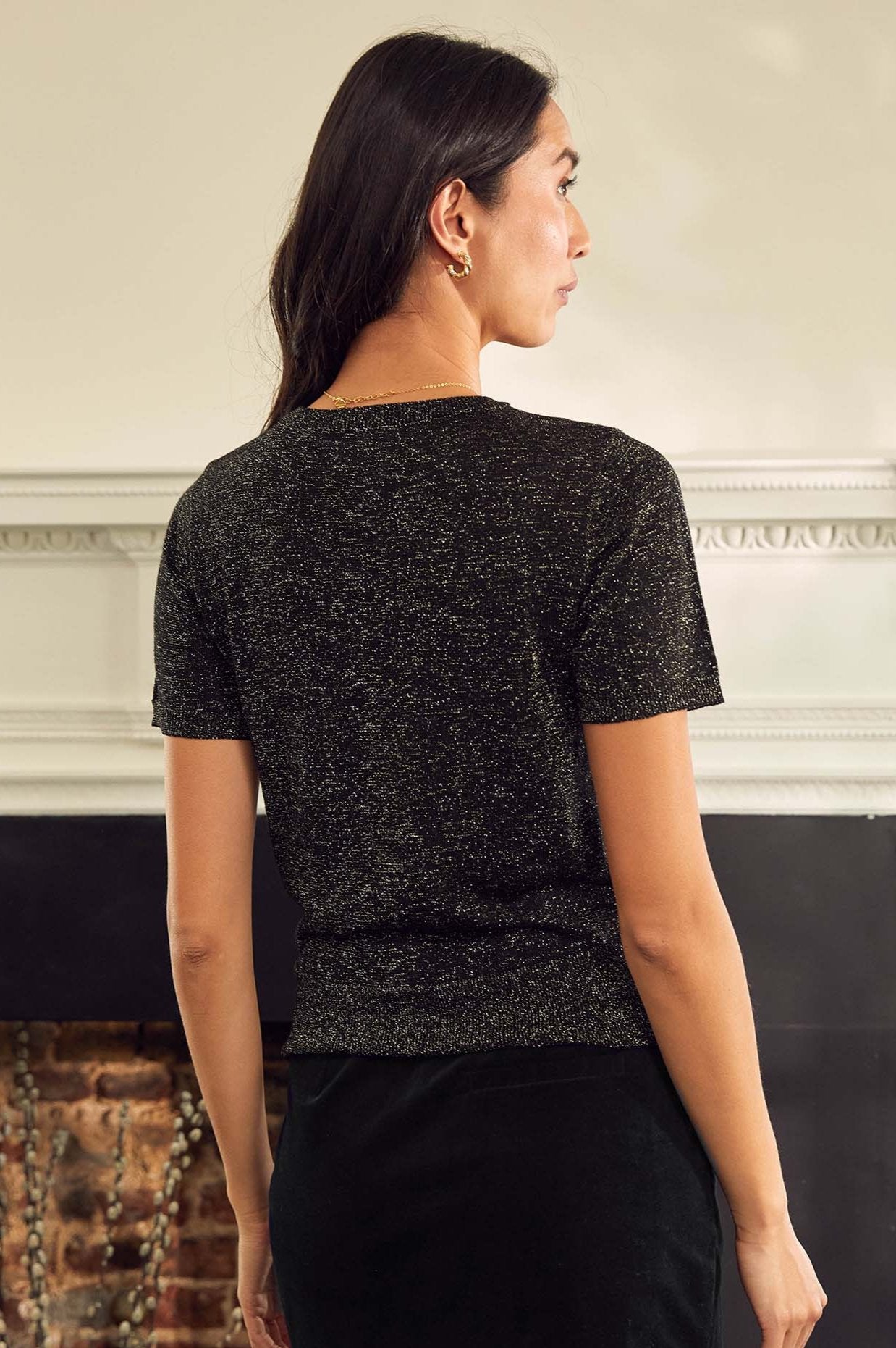 Metallic Knit T-Shirt for Women - Black & Gold Shiny Casual Top | Perfect for Parties, Night Out & Special Occasions