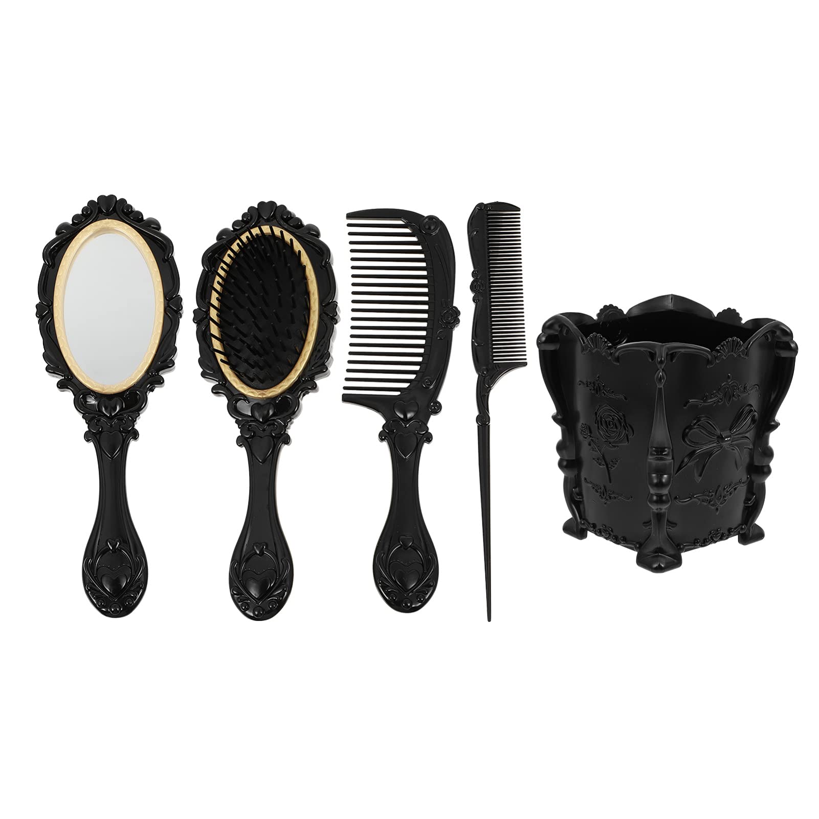 KALLORY 5-Piece Vintage Hair Comb Set - Wide Tooth Comb, Detangling Brush, Rat Tail Comb, Hand Mirror & Storage Holder for Women (Black) - Perfect for Styling, Detangling & Travel