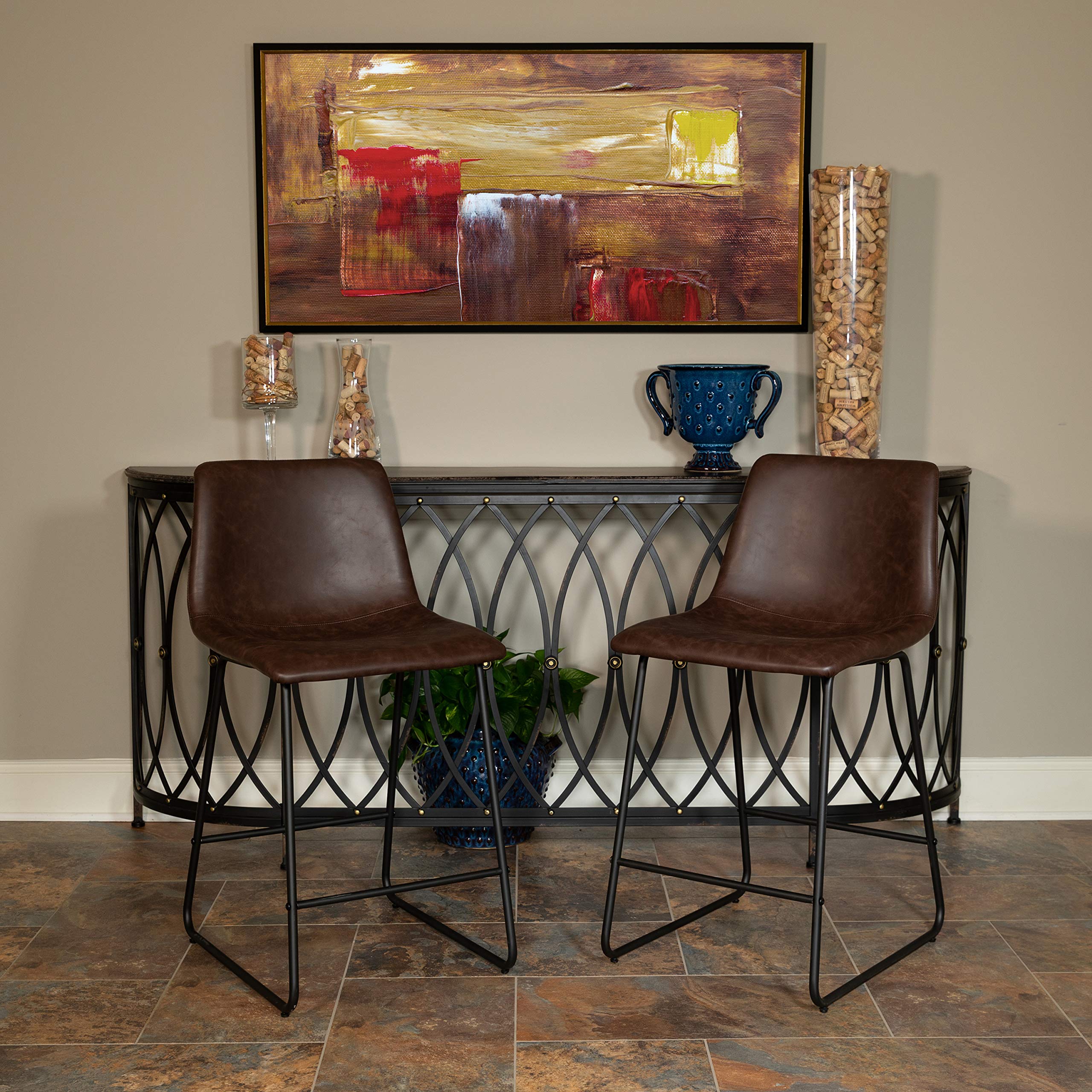 EMMA + OLIVER Set of 2 Kitchen Counter Height Bar Stools - 24 Inch Dark Brown LeatherSoft Upholstered Stools for Kitchen Island, Breakfast Bar & Dining Counter