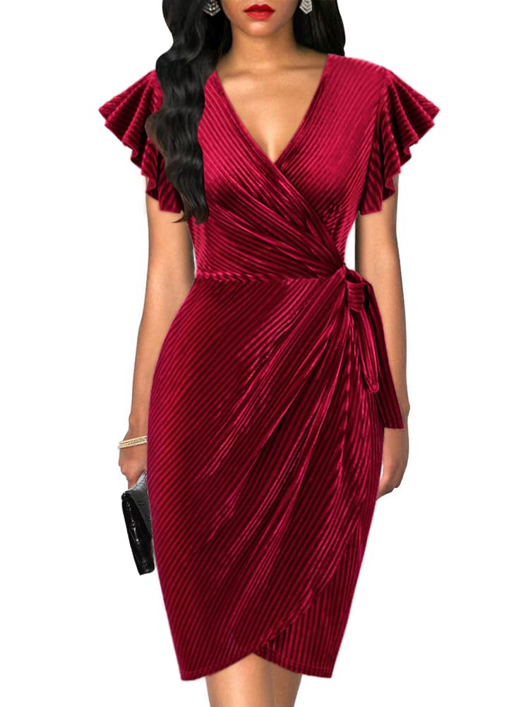 Oten Women's Deep V Neck Ruffle Sleeve Velvet Sheath Cocktail Dress - Elegant Faux Wrap Party Gown for Wedding, Club & Evening Events | Perfect for Date Night, Formal Occasions & Holiday Celebrations