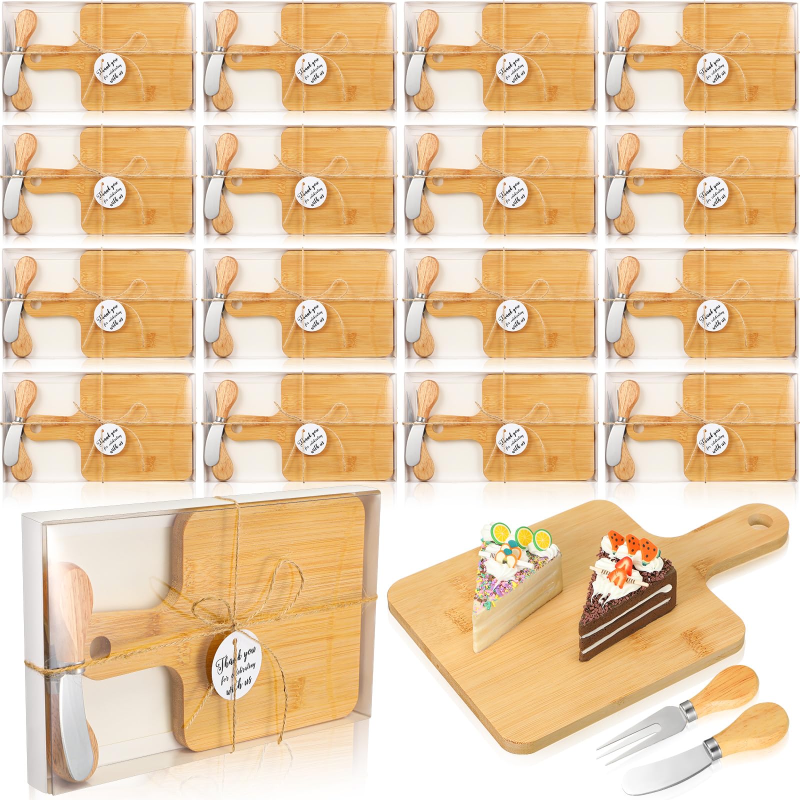 16-Piece Bamboo Cheese Board Set with Cheese Knives & Thank You Tags - Elegant Wooden Cheese Platter for Weddings, Bridal Showers, Valentine's Day & Birthday Parties - Perfect as Guest Gifts & Party Favors (Rectangle) - Ideal for Entertaining, Charcuterie Boards & Holiday Gatherings