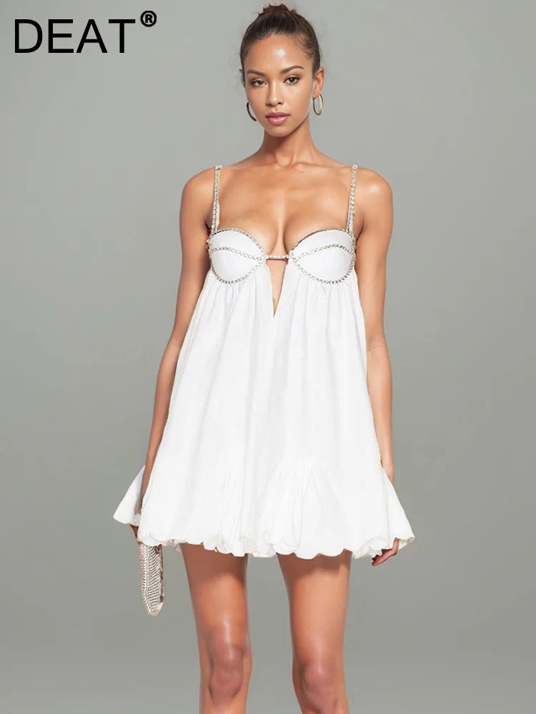 Trendy Women's Diamond Chain Pleated Sling Dress - Off Shoulder Sleeveless Spring Fashion Dress for Women (Style 33A1209) | Perfect for Cocktail Parties, Date Nights & Summer Vacations