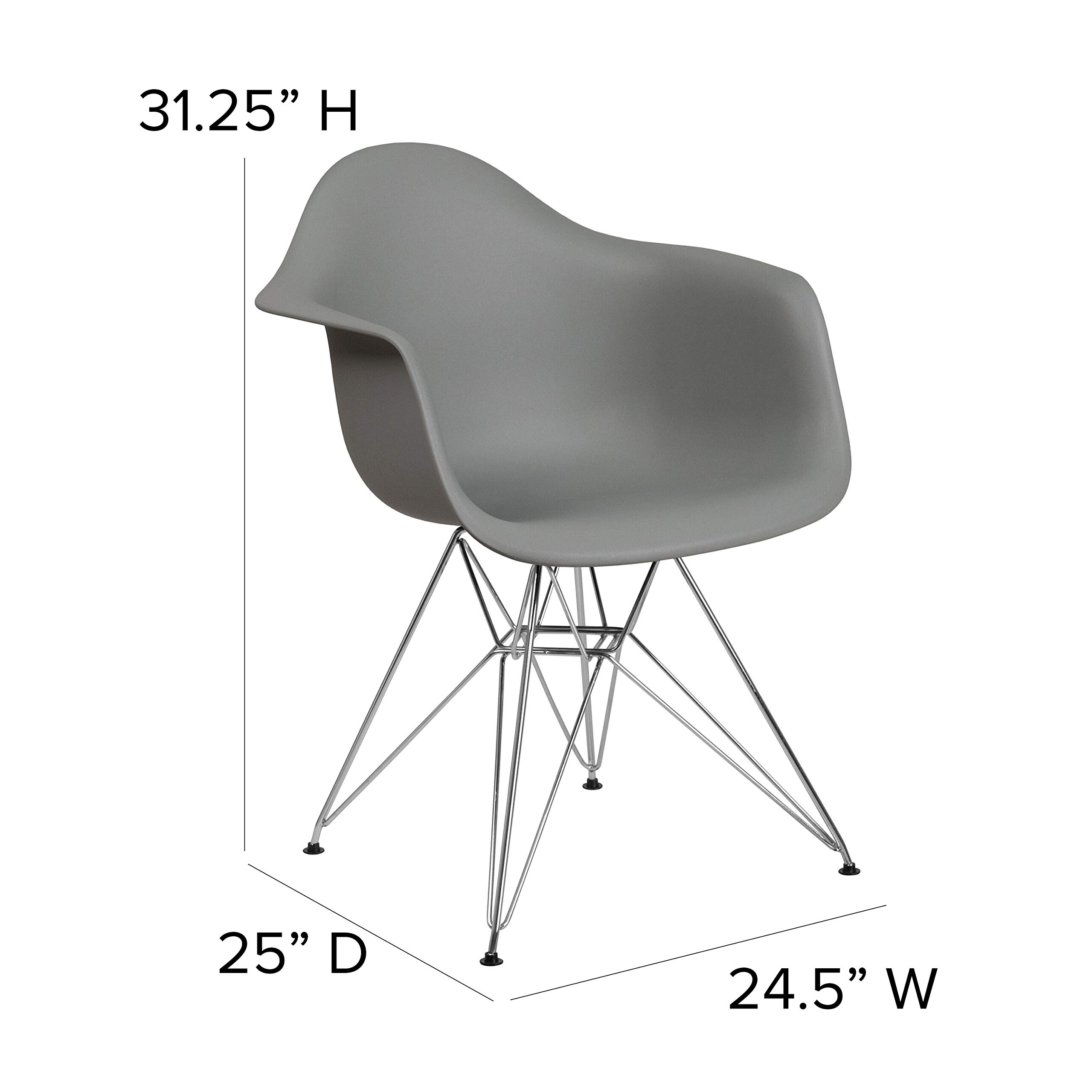 2 Pack Moss Gray Plastic Arm Chairs with Chrome Base - Modern Accent & Side Chairs for Dining Room, Kitchen, Office or Patio
