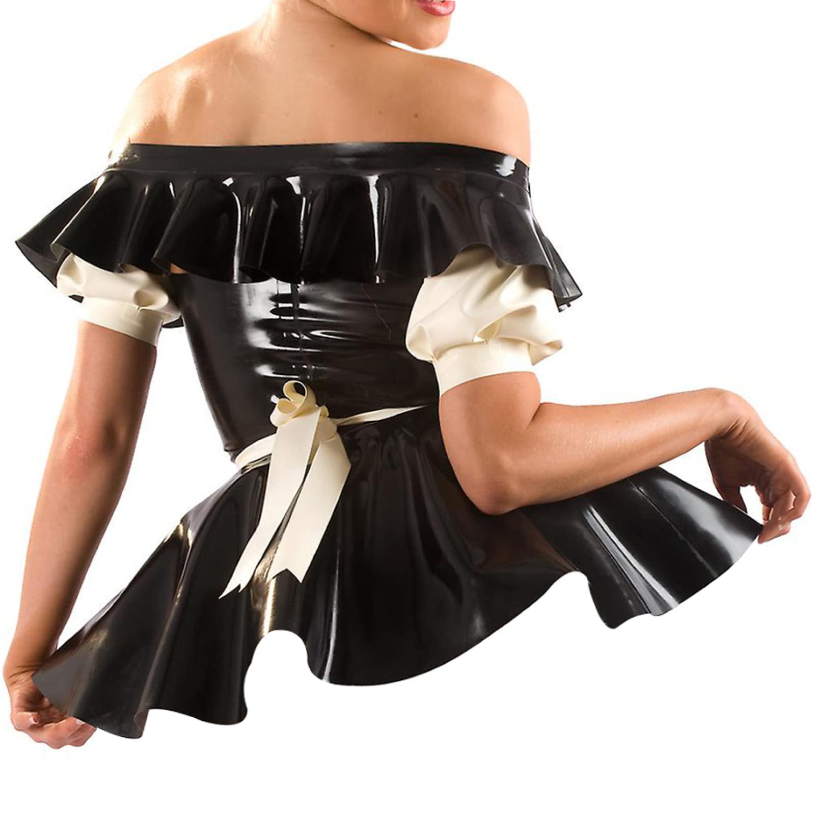Sexy Latex Dress with Detachable Cuffs & Back Zipper - Tube Top Apron with Bow Accents - Black & White Rubber Bodycon Playsuit (XS) - Perfect for Cosplay, Fetish Parties & Fashion Shows
