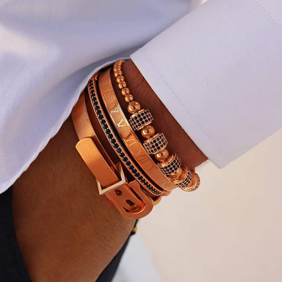 Jaline Stainless Steel Roman Numeral Bangle Bracelet Set - Gold, Silver & Rose Gold Plated Unisex Jewelry for Men & Women - Personalized Engraved Gift (2PC Rose Gold) - Perfect for Anniversaries, Weddings & Special Occasions