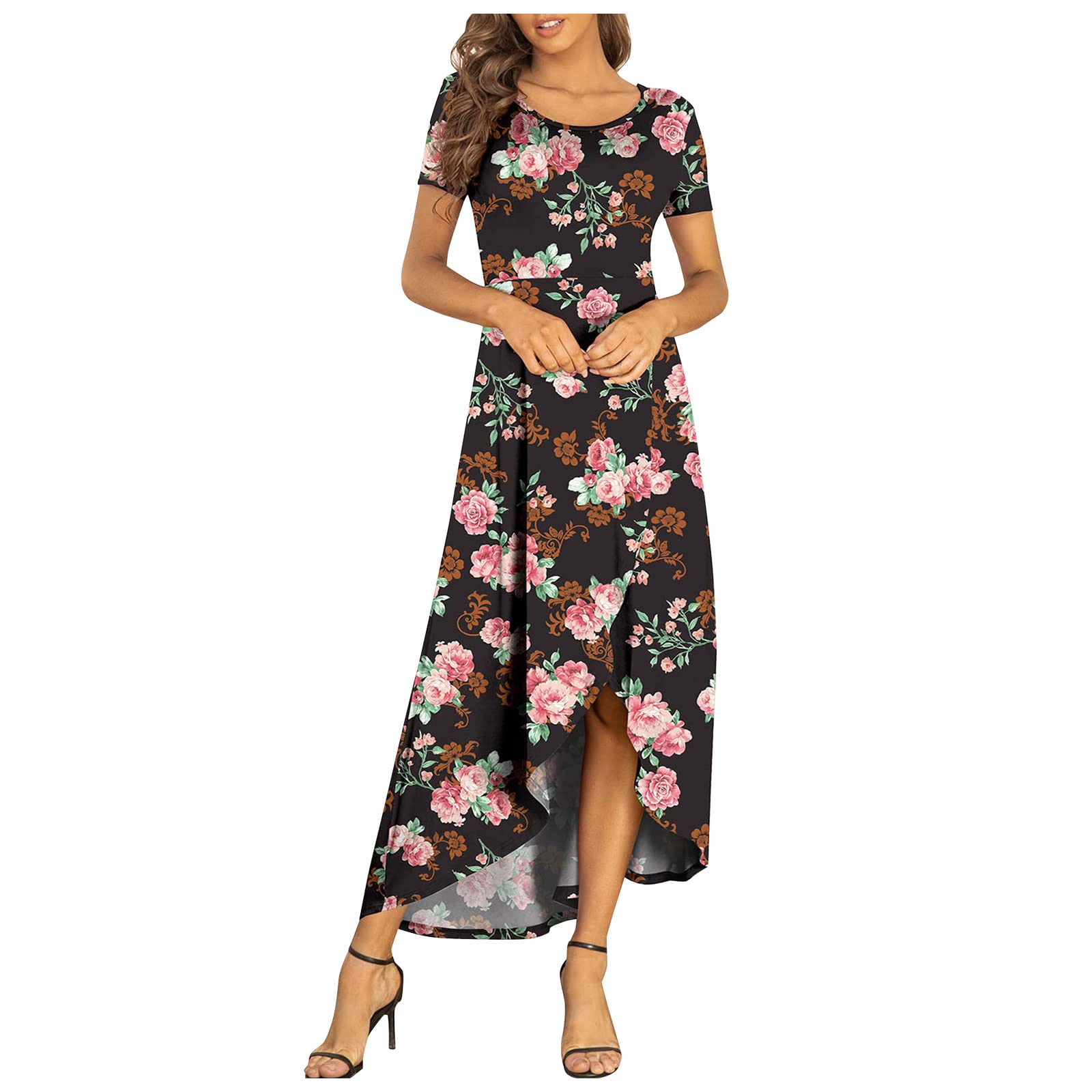 Women's Summer Casual Floral Print Short Sleeve O-Neck Waist Irregular Hem Split Dress - Perfect for Beach Wedding, Vacation & Outdoor Date Night