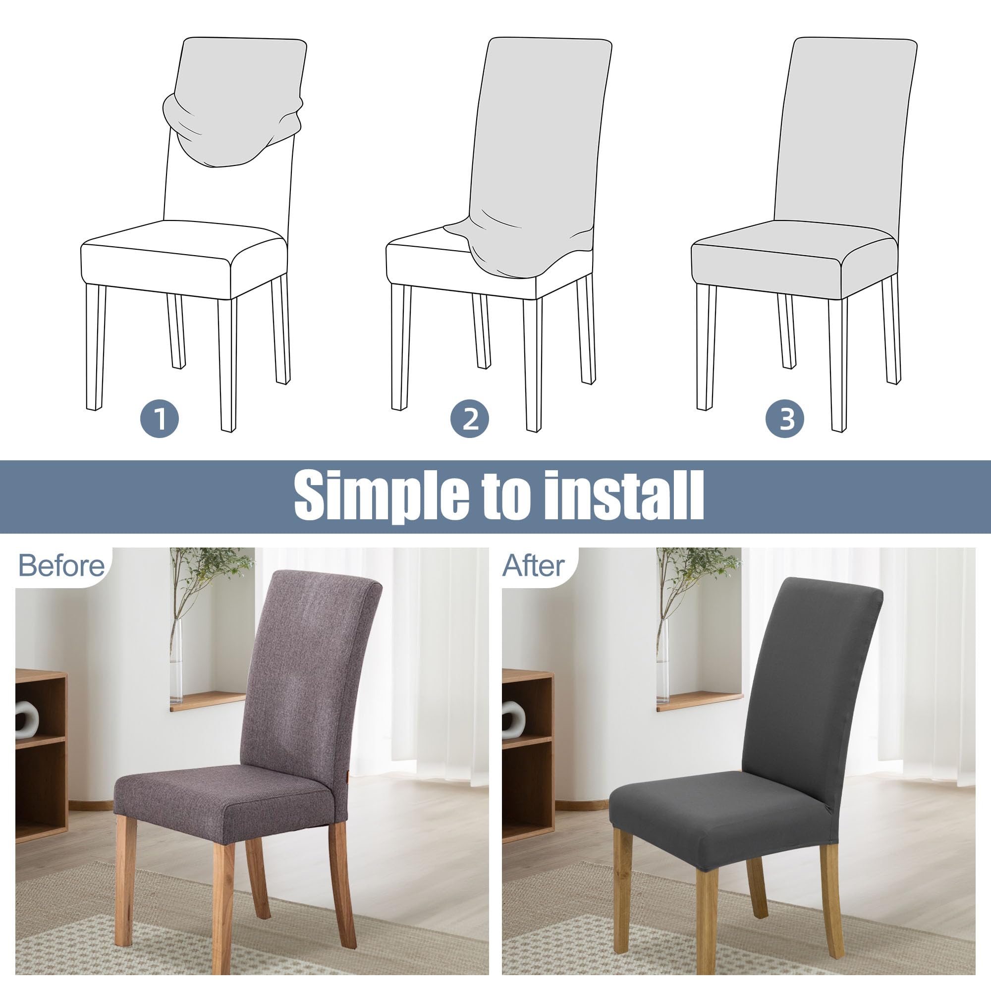 Stretch Washable Dining Chair Covers Set of 6 - Parsons Chair Slipcovers for Kitchen, Home & Restaurant - Protective Gray Fabric Covers for Banquet & Everyday Dining Use