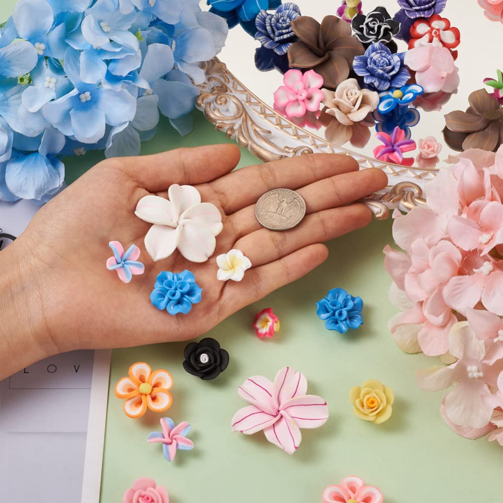 Cheriswelry 90pcs Handmade Polymer Clay Plumeria Beads - 3D Flower Spacer Beads in 9 Vibrant Colors (12-33mm) for DIY Jewelry Making, Earrings, Necklaces, Bracelets & Craft Projects