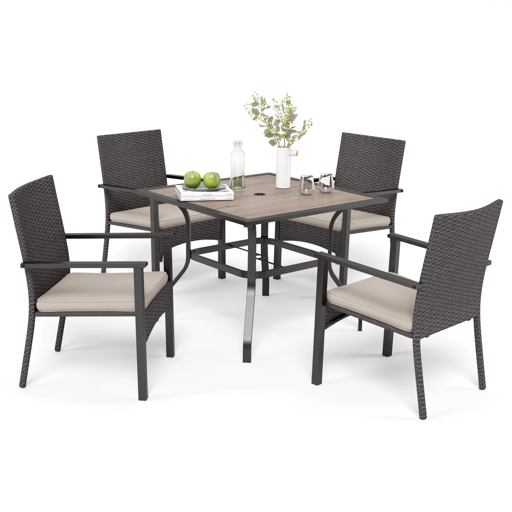5-Piece Outdoor Patio Dining Set - Rattan Table & 4 Cushioned Chairs with 1.57