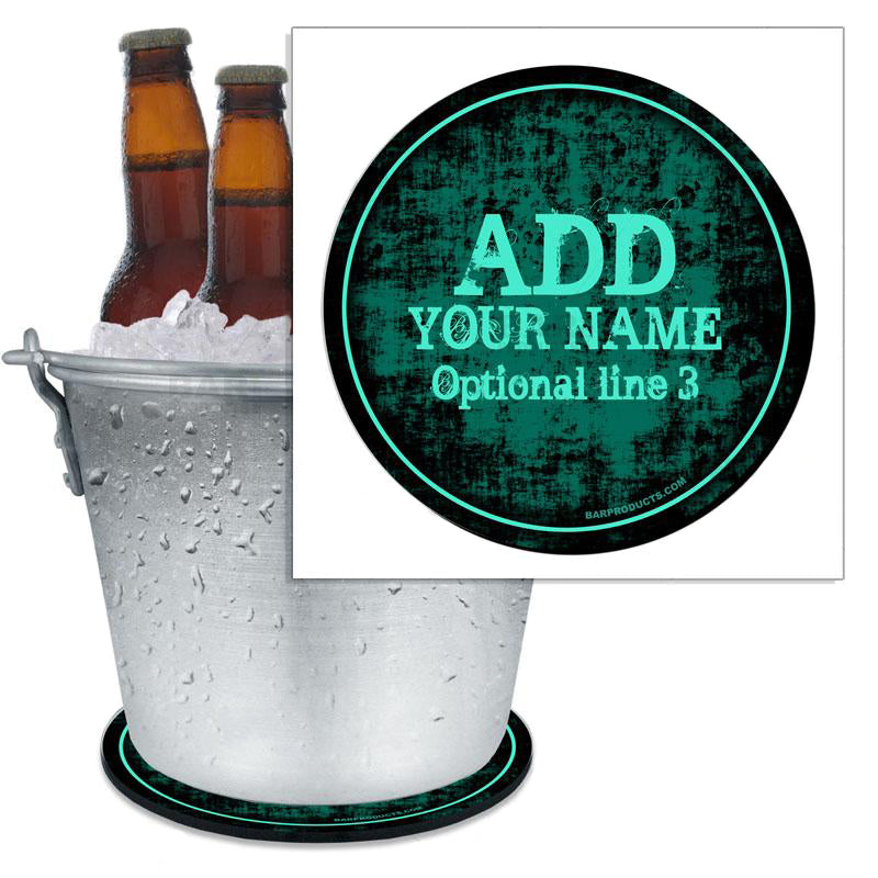 Personalized Beer Bucket Coaster - Unique Teal Grunge Design - Perfect for Bars, Pubs & Home Entertaining - Custom Name Gift for Beer Lovers